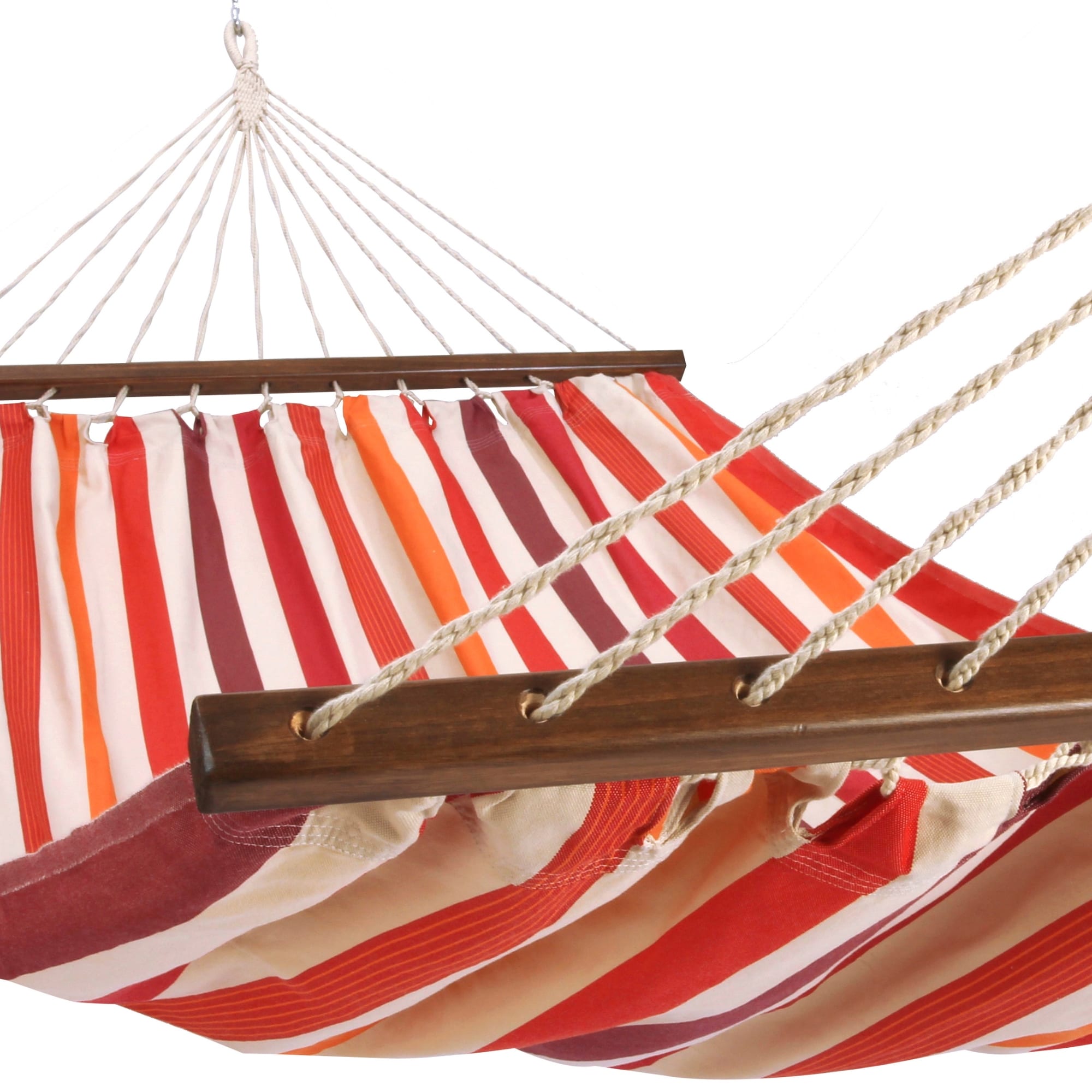 Multi colored outdoor textile crafted by the artisans of Magnolia Casual called the Hammock Cristina Stripe featuring 100 percent weather resistant fabric, weather resistant polyester fabric, sustainably sourced, artisan shown against a clean backdrop featuring with a stripe motif.