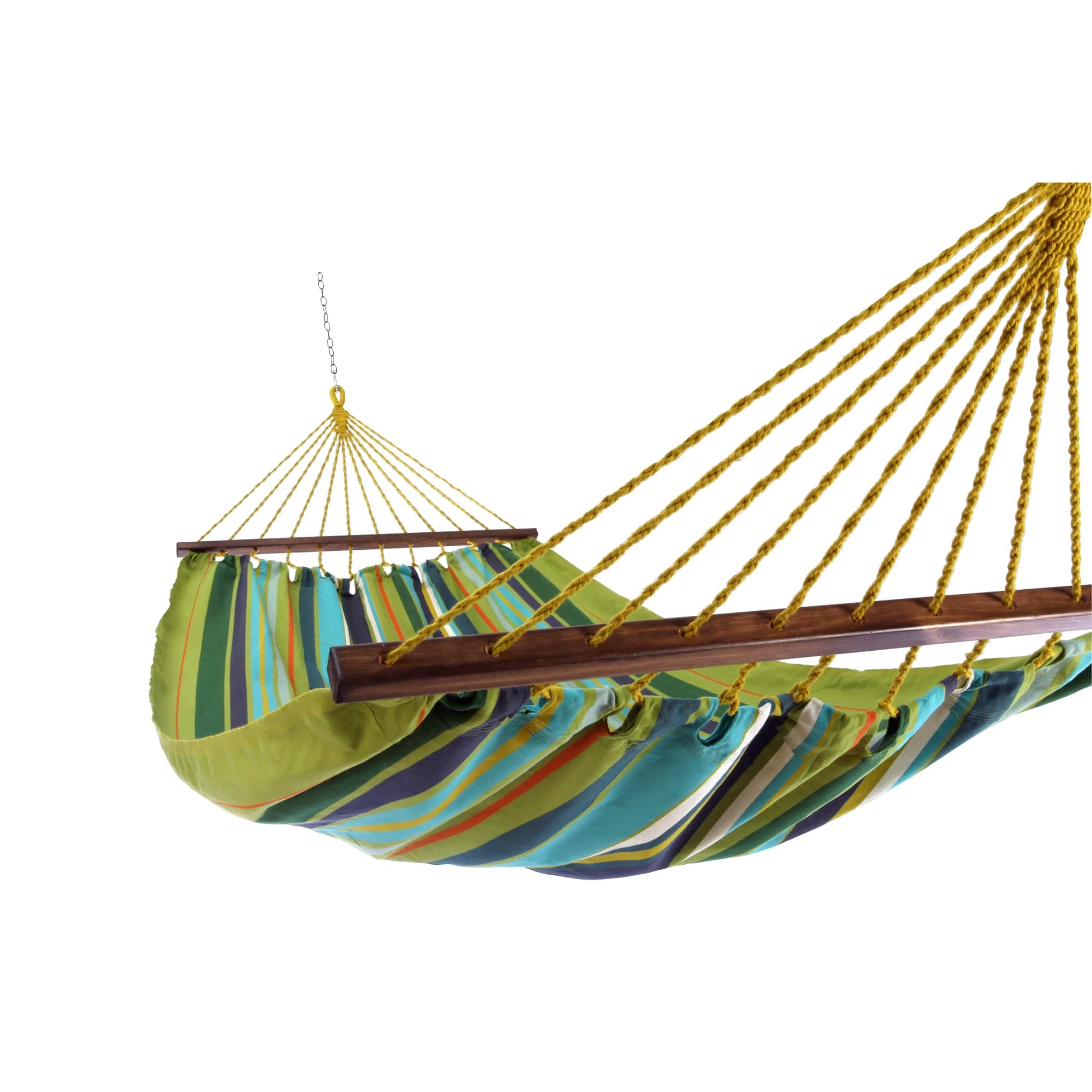Multi colored outdoor textile crafted by the artisans of Magnolia Casual called the Hammock Citrus Stripe featuring 100 percent weather resistant fabric, weather resistant polyester fabric, sustainably sourced, artisan shown against a clean backdrop featuring with a stripe motif.