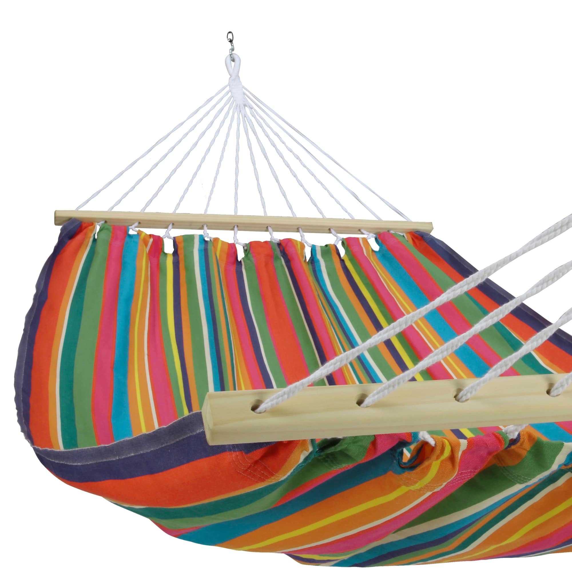 Multi colored outdoor textile crafted by the artisans of Magnolia Casual called the Hammock Le Jardin Stripe featuring 100 percent weather resistant fabric, weather resistant polyester fabric, sustainably sourced, artisan shown against a clean backdrop featuring with a stripe motif.