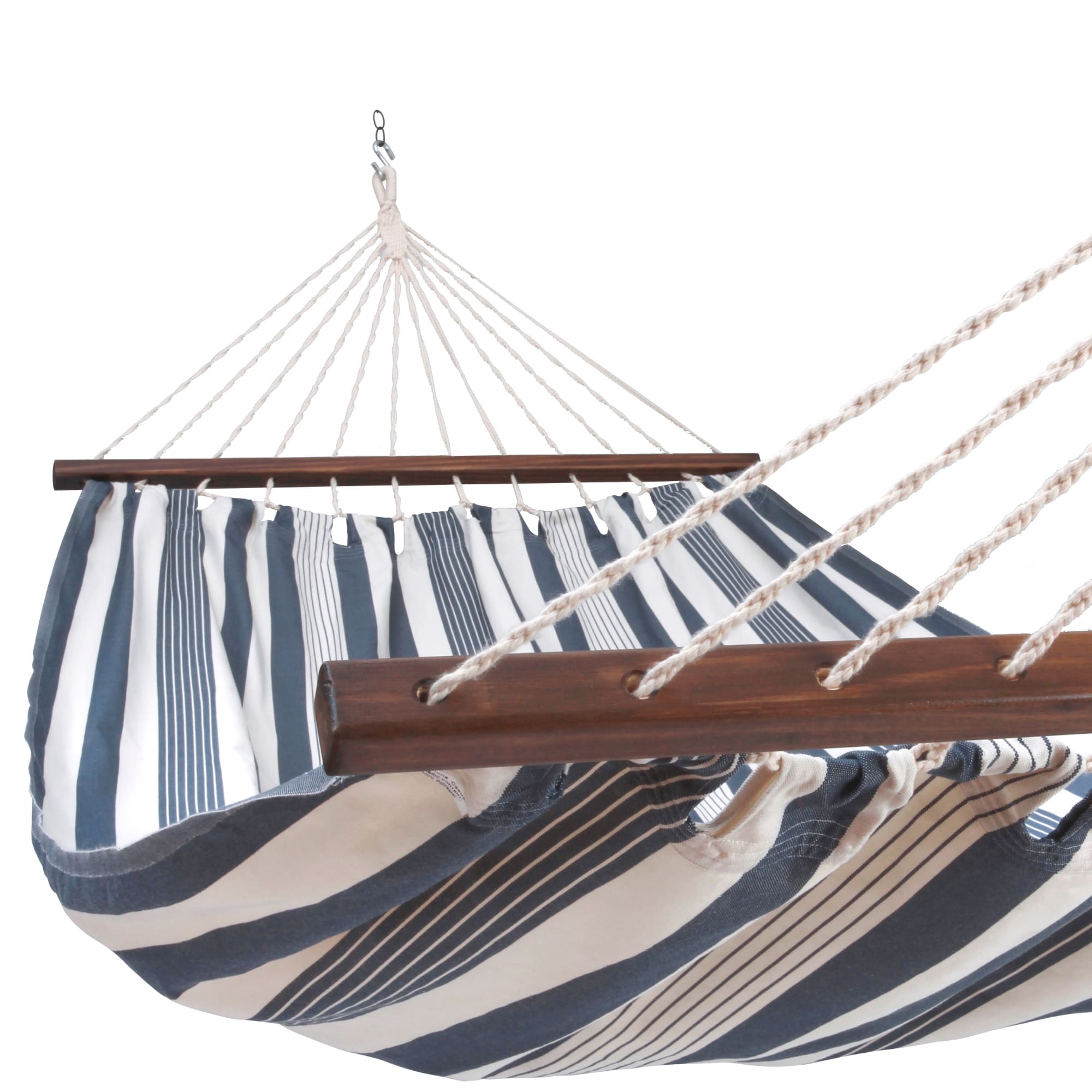 Multi colored outdoor textile crafted by the artisans of Magnolia Casual called the Hammock Marina Stripe featuring 100 percent weather resistant fabric, weather resistant polyester fabric, sustainably sourced, artisan shown against a clean backdrop featuring with a stripe motif.