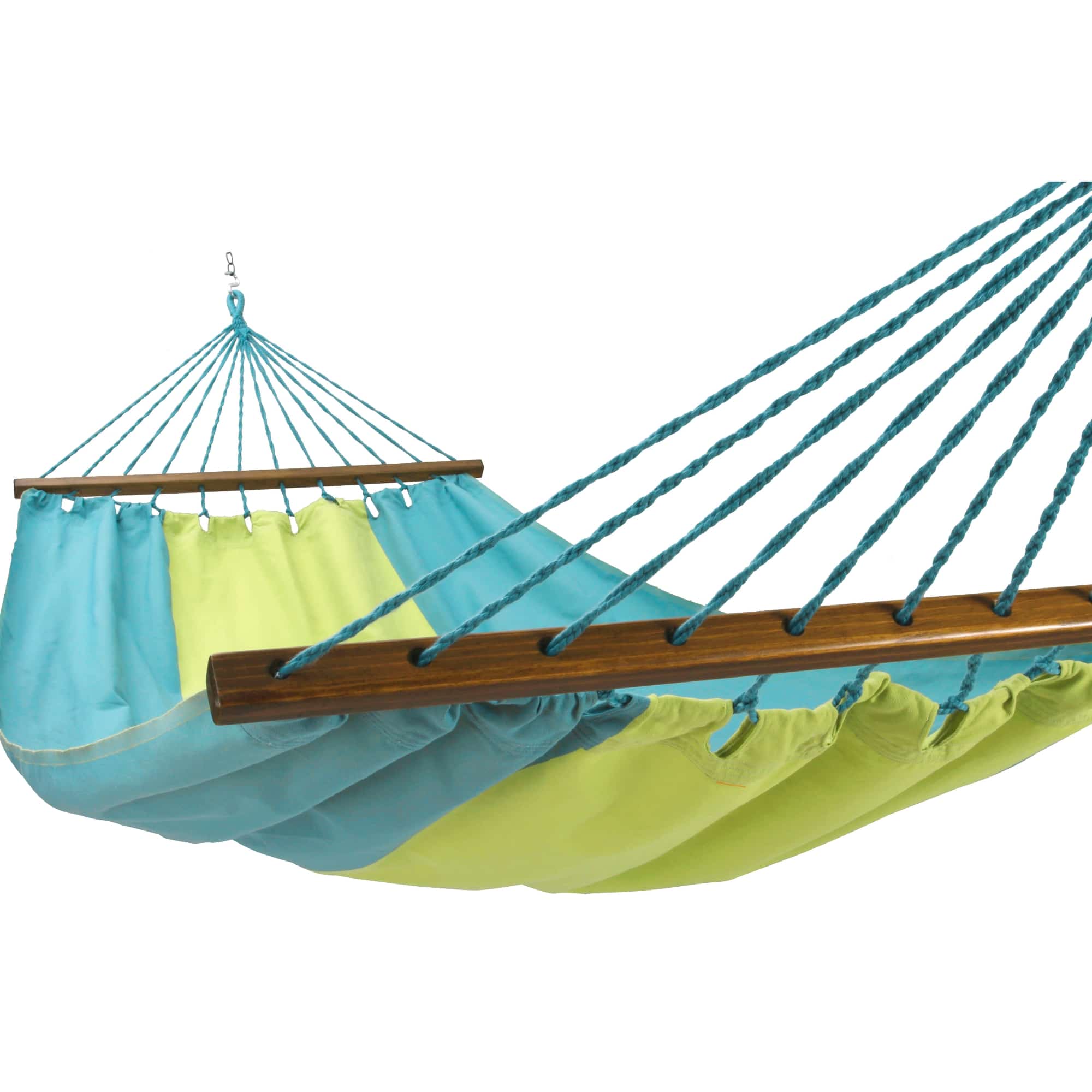 Multi colored outdoor textile crafted by the artisans of Magnolia Casual called the Hammock Meadow Mist Stripe featuring 100 percent weather resistant fabric, weather resistant polyester fabric, sustainably sourced, artisan shown against a clean backdrop featuring with a stripe motif.
