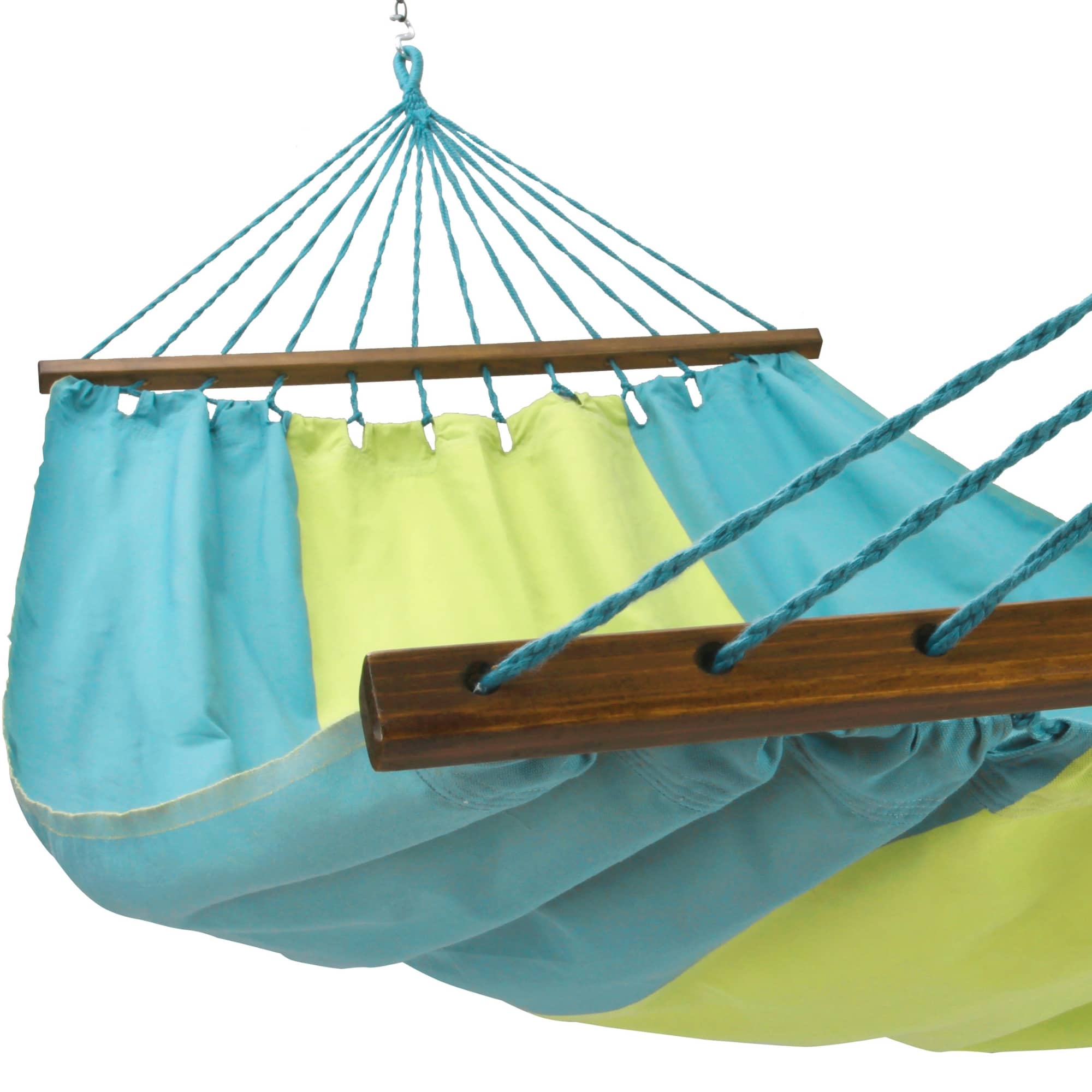 Multi colored outdoor textile crafted by the artisans of Magnolia Casual called the Hammock Meadow Mist Stripe featuring 100 percent weather resistant fabric, weather resistant polyester fabric, sustainably sourced, artisan shown against a clean backdrop featuring with a stripe motif.