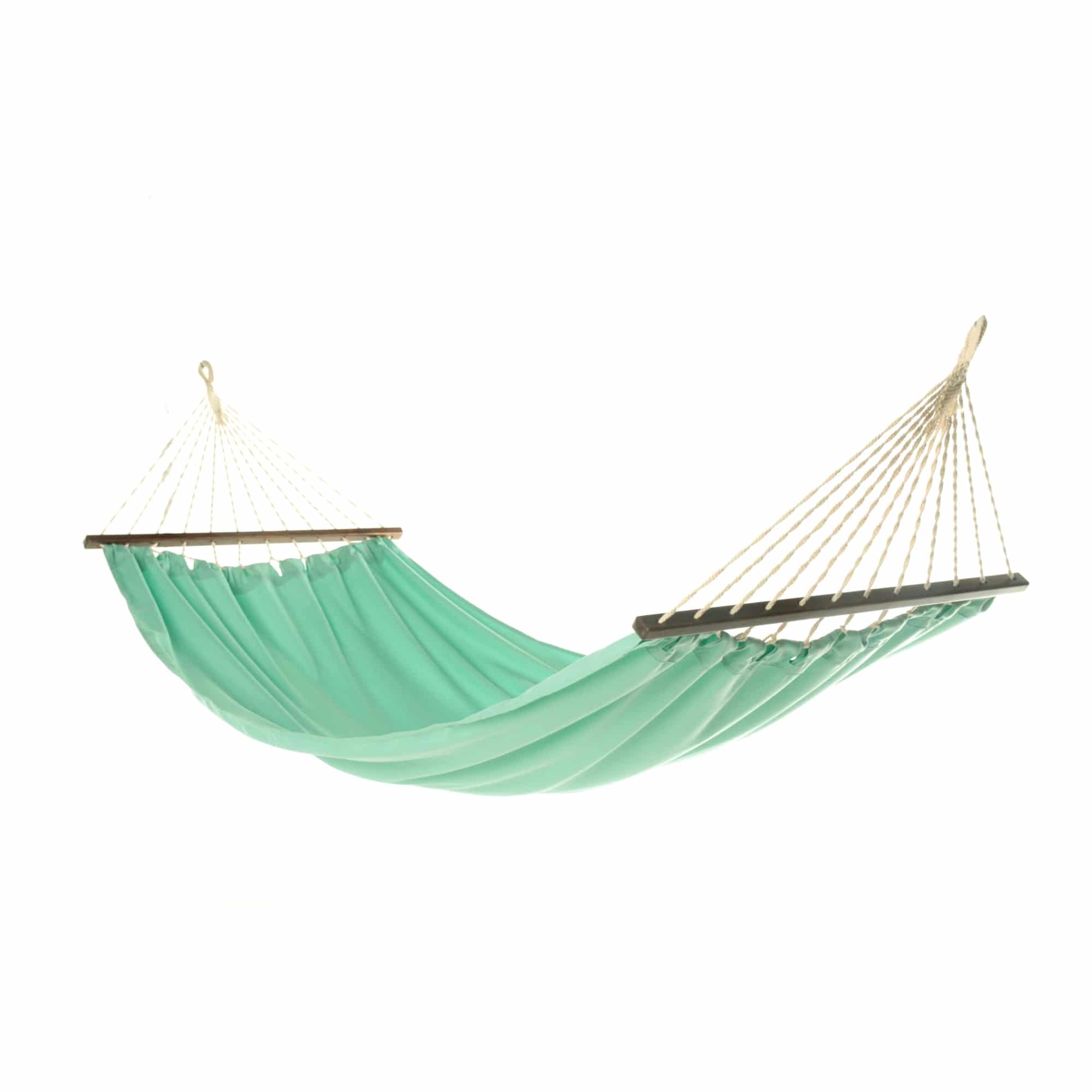 Green outdoor textile crafted by the artisans of Magnolia Casual called the Hammock Seafoam Green Solid featuring 100 percent weather resistant fabric, weather resistant polyester fabric, sustainably sourced, artisan shown against a clean backdrop featuring shades of green.