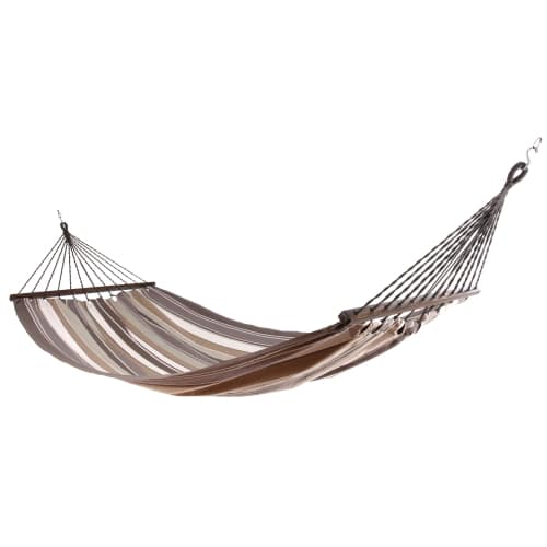 Gray outdoor textile crafted by the artisans of Magnolia Casual called the Hammock Slate Gray Stripe featuring 100 percent weather resistant fabric, weather resistant polyester fabric, sustainably sourced, artisan shown against a clean backdrop featuring with a stripe motif and shades of gray.