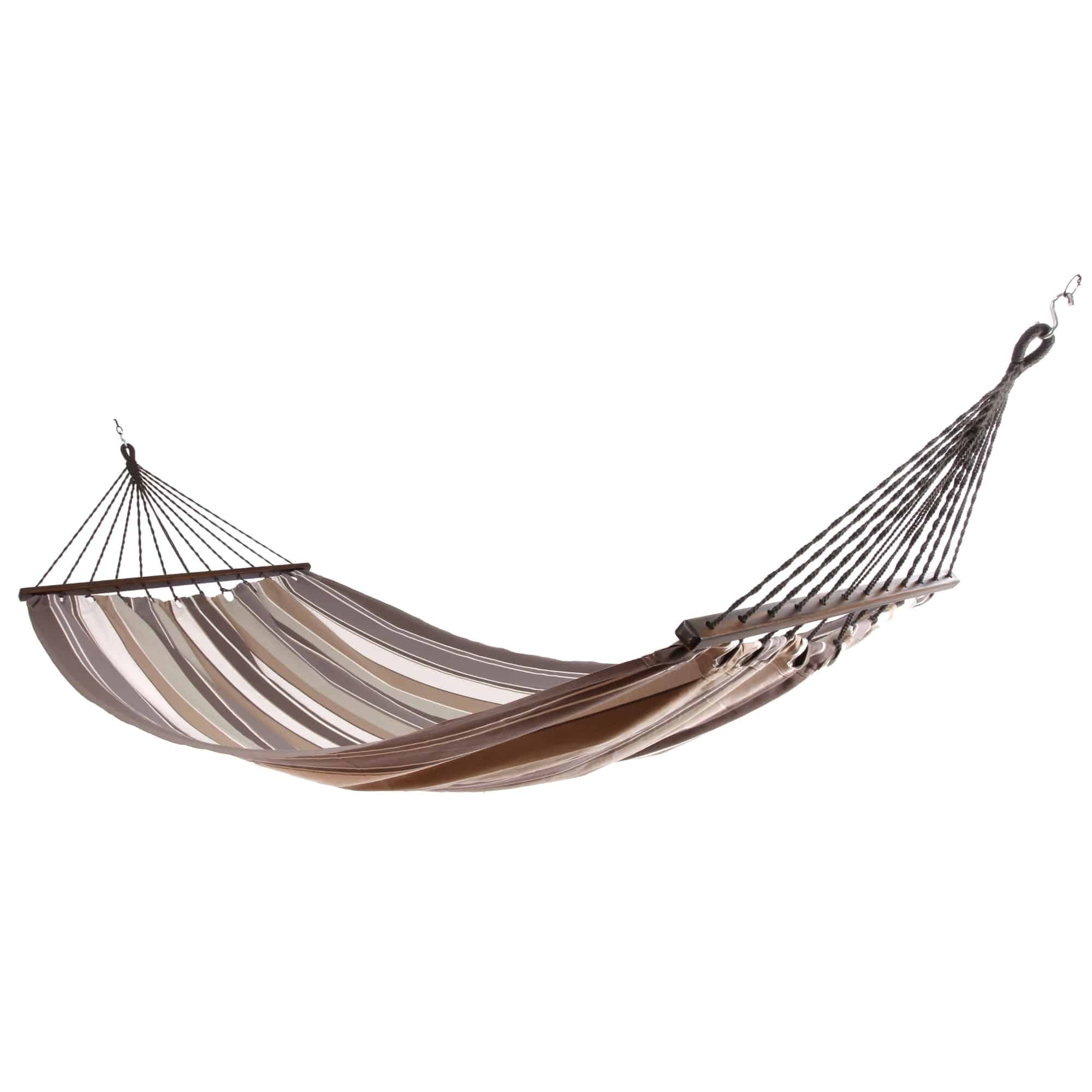 Gray outdoor textile crafted by the artisans of Magnolia Casual called the Hammock Slate Gray Stripe featuring 100 percent weather resistant fabric, weather resistant polyester fabric, sustainably sourced, artisan shown against a clean backdrop featuring with a stripe motif and shades of gray.