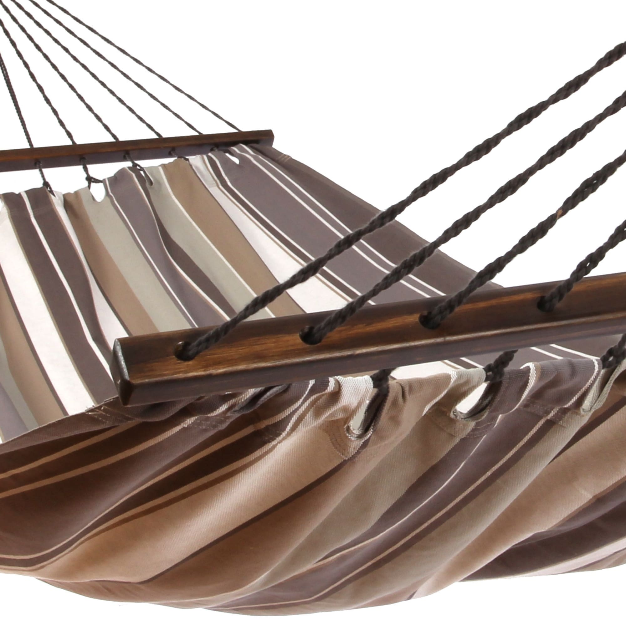 Gray outdoor textile crafted by the artisans of Magnolia Casual called the Hammock Slate Gray Stripe featuring 100 percent weather resistant fabric, weather resistant polyester fabric, sustainably sourced, artisan shown against a clean backdrop featuring with a stripe motif and shades of gray.