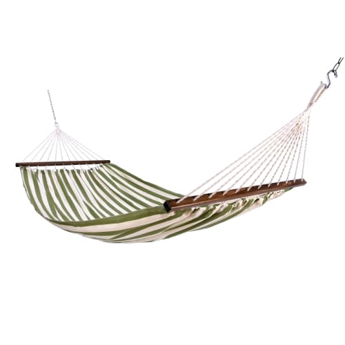 Multi colored outdoor textile crafted by the artisans of Magnolia Casual called the Hammock Summer Palms Stripe featuring 100 percent weather resistant fabric, weather resistant polyester fabric, sustainably sourced, artisan shown against a clean backdrop featuring with a stripe motif.