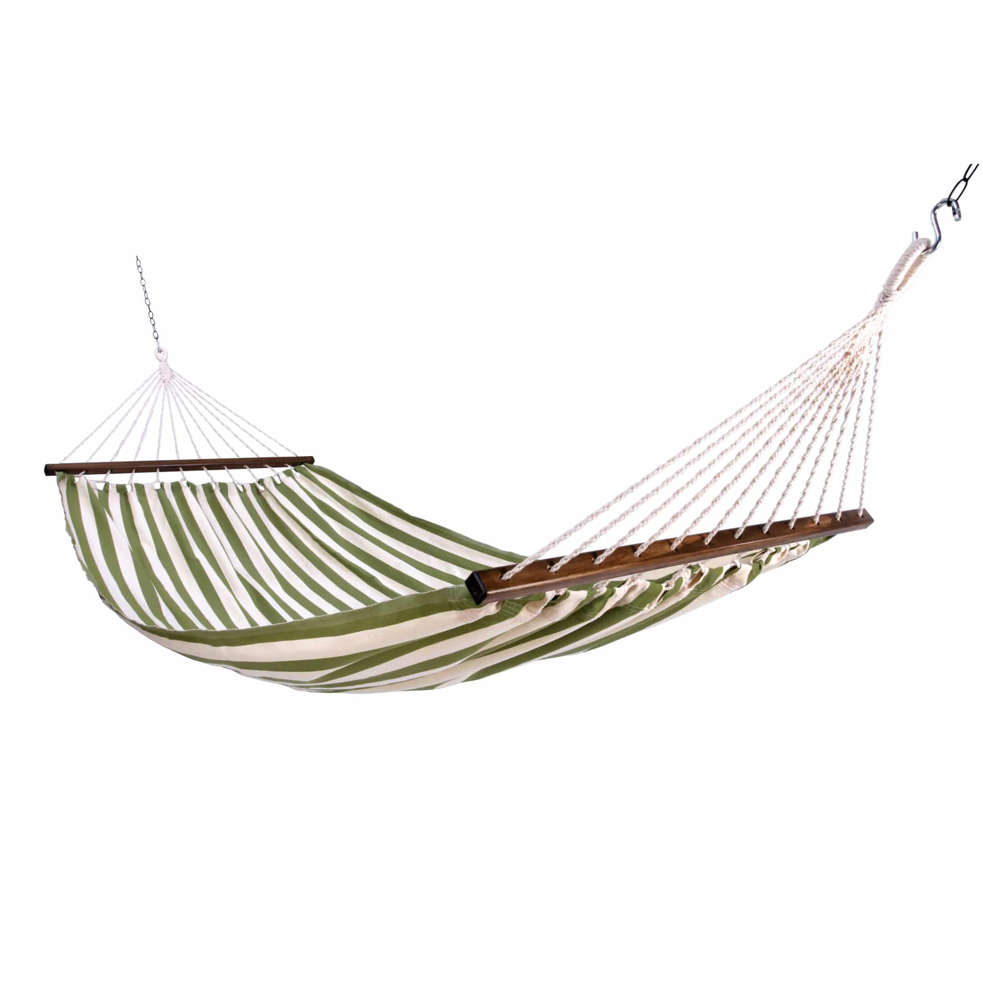Multi colored outdoor textile crafted by the artisans of Magnolia Casual called the Hammock Summer Palms Stripe featuring 100 percent weather resistant fabric, weather resistant polyester fabric, sustainably sourced, artisan shown against a clean backdrop featuring with a stripe motif.