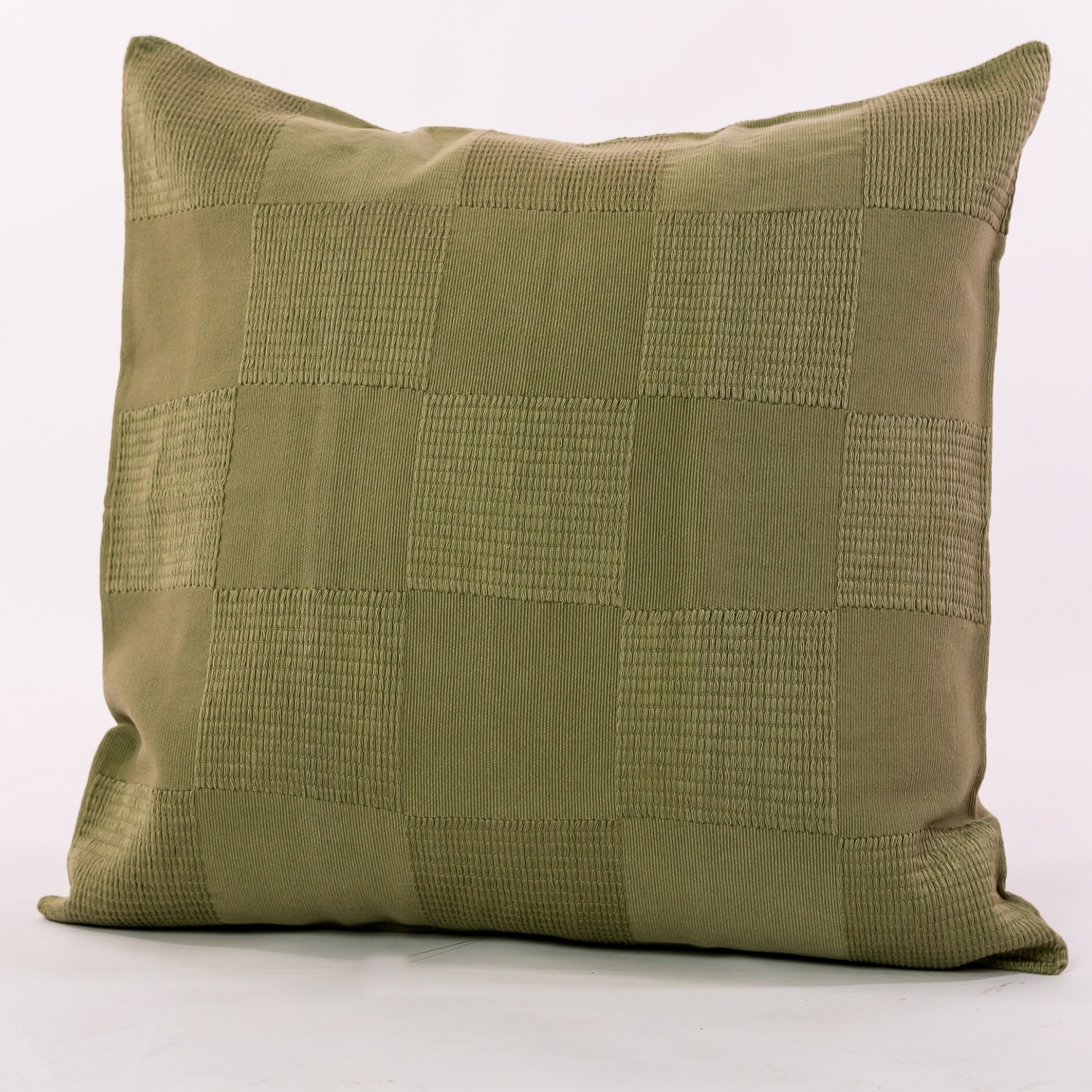 Green pillow cover crafted by the artisans of Dos Tierras called the Chess Pillow Cover Green featuring handwoven textile, handcrafted shown against a clean backdrop featuring shades of green.