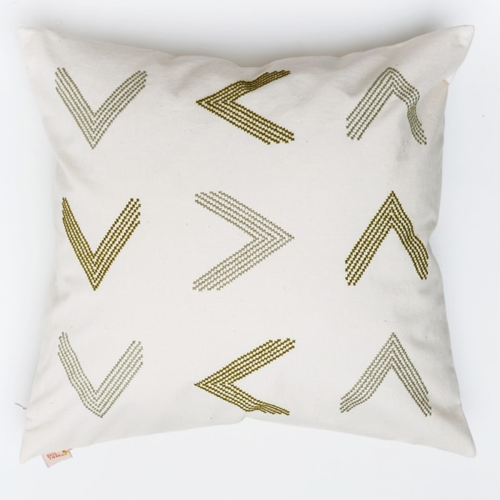 Green pillow cover crafted by the artisans of Dos Tierras called the Toj Pillow Cover Green featuring quality outdoor fabric, handcrafted shown against a clean backdrop featuring shades of green.