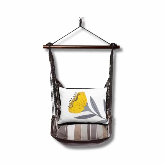 Yellow outdoor swing crafted by the artisans of Magnolia Casual called the Swing Set 4 piece Slate Gray Stripe w/ Yellow Poppy featuring 100 percent weather resistant fabric, weather resistant polyester fabric, handcrafted shown against a clean backdrop featuring with a stripe motif and shades of gray and yellow.