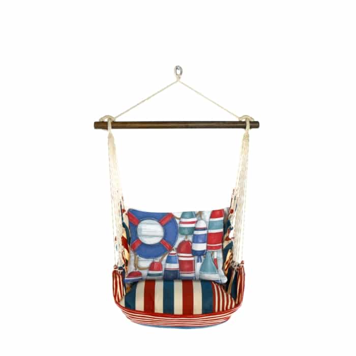 Red outdoor swing crafted by the artisans of Magnolia Casual called the Swing Set 4 piece Stars & Stripes w/ Red and Blue Buoys featuring 100 percent weather resistant fabric, weather resistant polyester fabric, handcrafted shown against a clean backdrop featuring with a stripes motif and shades of red and blue.