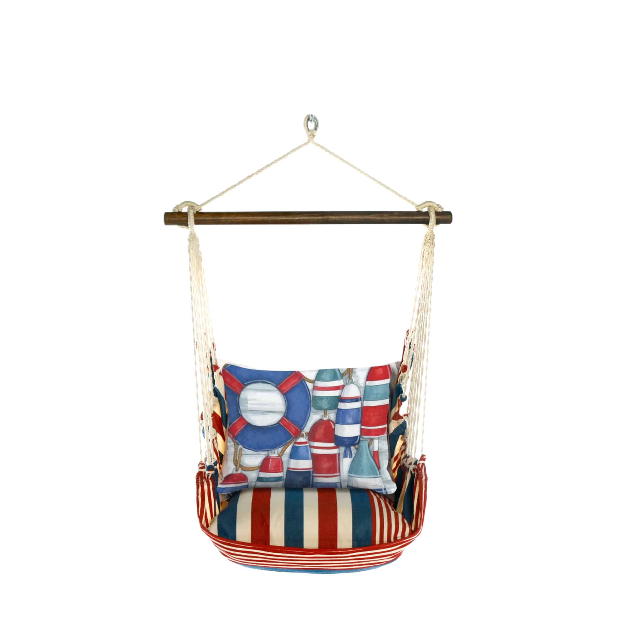 Red outdoor swing crafted by the artisans of Magnolia Casual called the Swing Set 4 piece Stars & Stripes w/ Red and Blue Buoys featuring 100 percent weather resistant fabric, weather resistant polyester fabric, handcrafted shown against a clean backdrop featuring with a stripes motif and shades of red and blue.