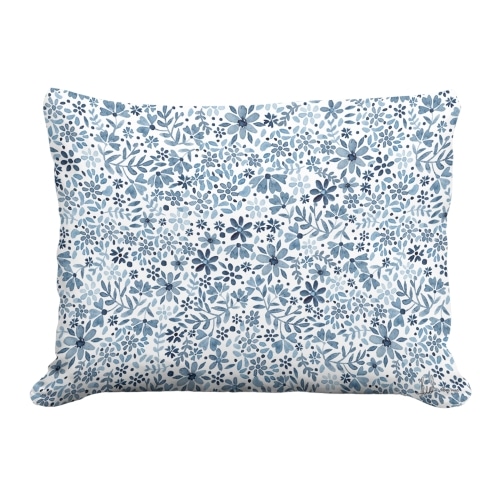 Multi colored outdoor pillow crafted by the artisans of Magnolia Casual called the Outdoor Pillow Indigo Flourish 19x24 featuring quality outdoor fabric shown against a clean backdrop.