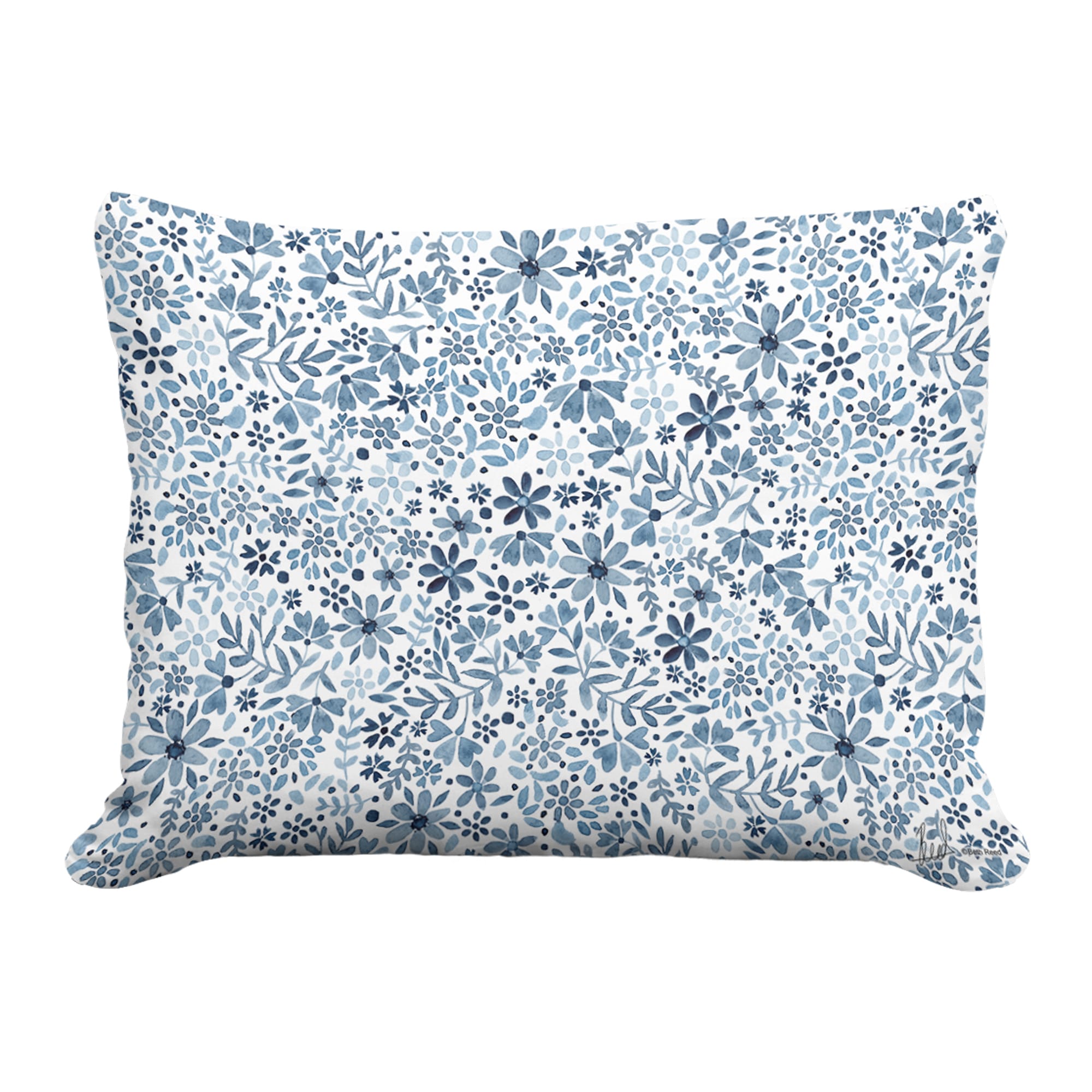 Multi colored outdoor pillow crafted by the artisans of Magnolia Casual called the Outdoor Pillow Indigo Flourish 19x24 featuring quality outdoor fabric shown against a clean backdrop.