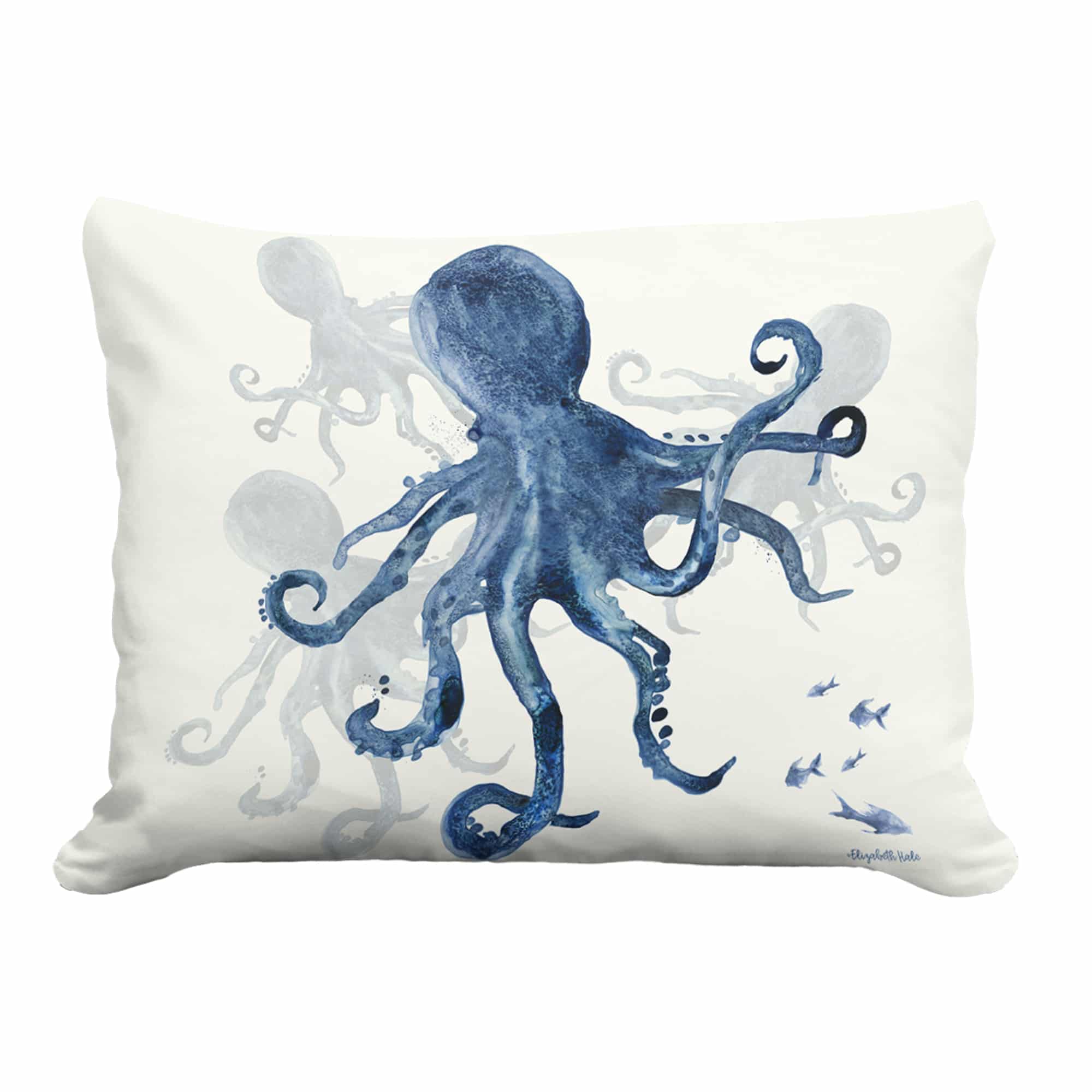 Multi colored outdoor pillow crafted by the artisans of Magnolia Casual called the Outdoor Pillow Indigo Octopus 19x24 featuring quality outdoor fabric shown against a clean backdrop featuring with a octopus motif.