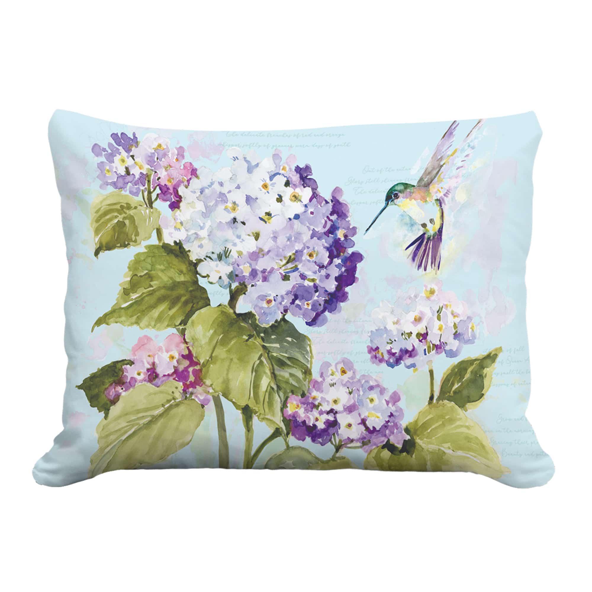 Multi colored outdoor pillow crafted by the artisans of Magnolia Casual called the Outdoor Pillow Hummingbird with Hydrangea 19x24 featuring handwoven textile shown against a clean backdrop featuring with a hummingbird motif.