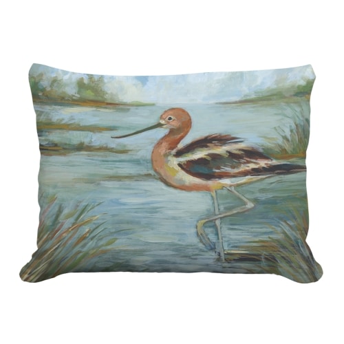Multi colored outdoor pillow crafted by the artisans of Magnolia Casual called the Outdoor Pillow Avocet Bird in Water 19x24 featuring quality outdoor fabric, natural materials shown against a clean backdrop featuring with a bird motif.