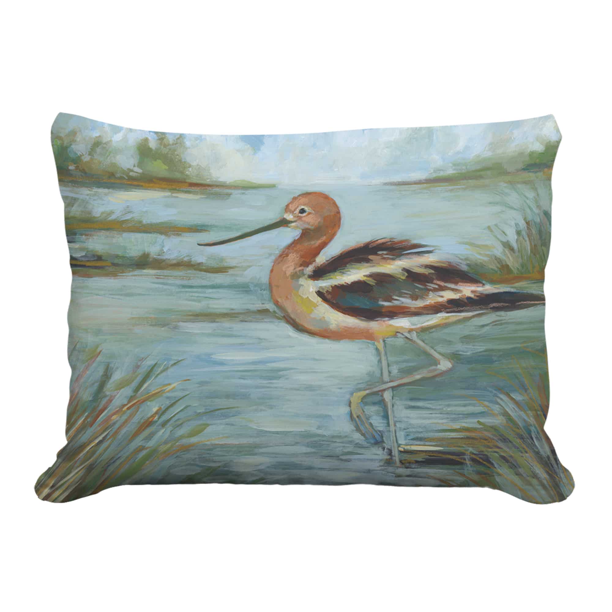 Multi colored outdoor pillow crafted by the artisans of Magnolia Casual called the Outdoor Pillow Avocet Bird in Water 19x24 featuring quality outdoor fabric, natural materials shown against a clean backdrop featuring with a bird motif.