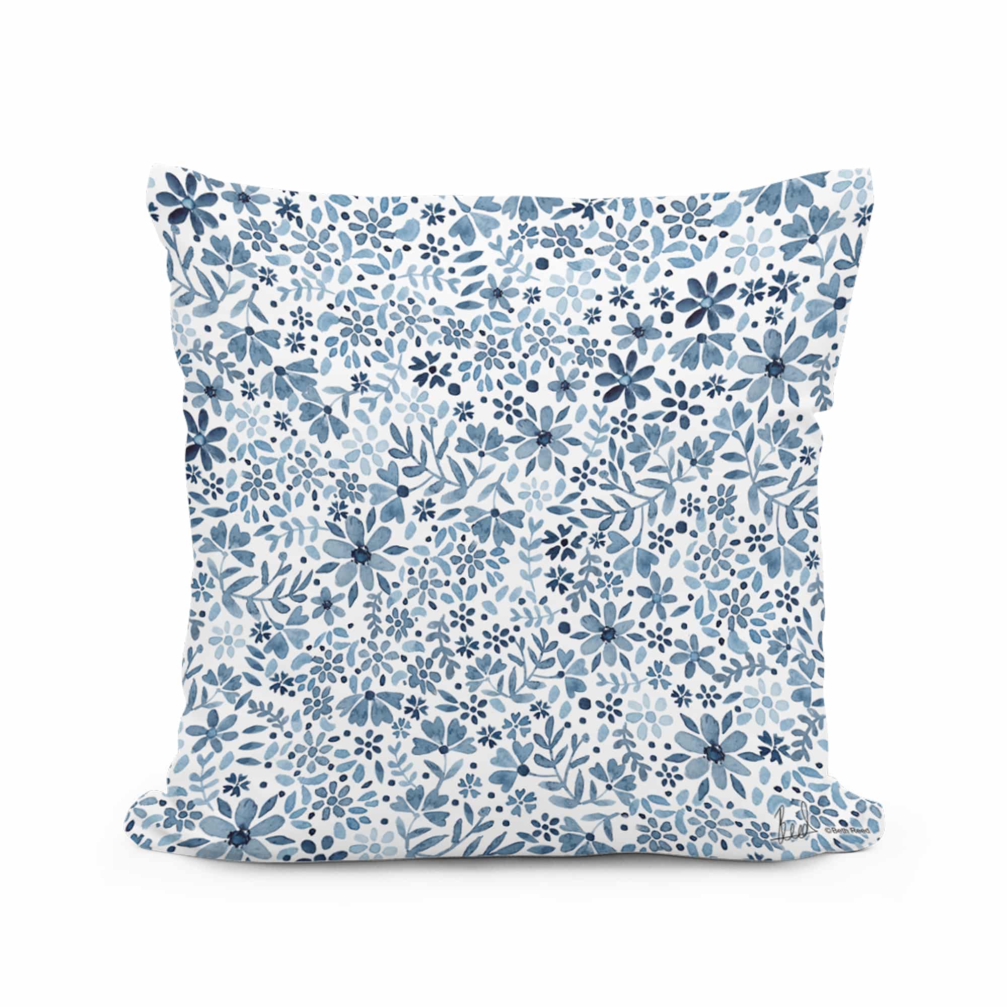 Multi colored outdoor pillow crafted by the artisans of Magnolia Casual called the Outdoor Pillow Indigo Flourish 18x18 featuring quality outdoor fabric shown against a clean backdrop.