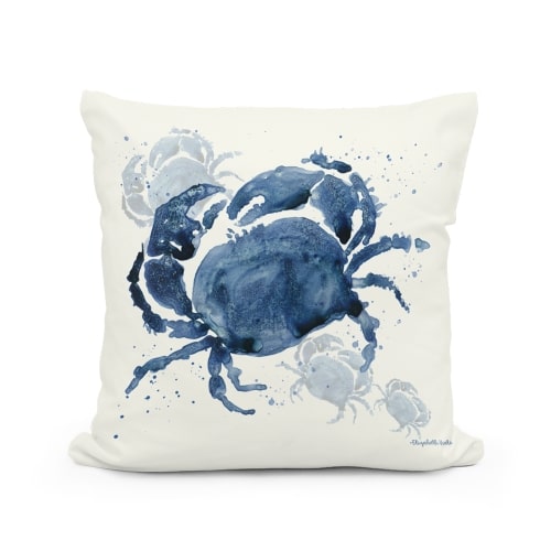 Multi colored outdoor pillow crafted by the artisans of Magnolia Casual called the Outdoor Pillow Indigo Crab 18x18 featuring quality outdoor fabric shown against a clean backdrop featuring with a crab motif.
