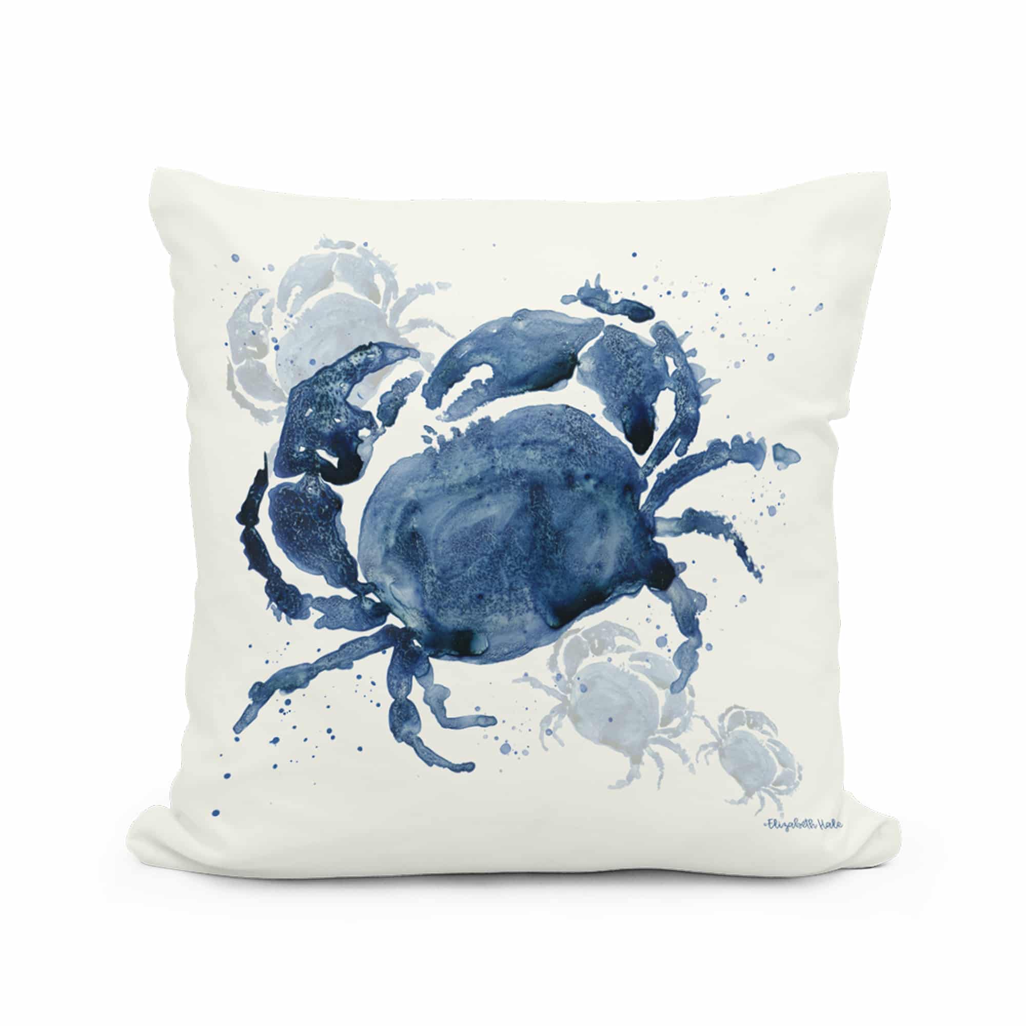 Multi colored outdoor pillow crafted by the artisans of Magnolia Casual called the Outdoor Pillow Indigo Crab 18x18 featuring quality outdoor fabric shown against a clean backdrop featuring with a crab motif.
