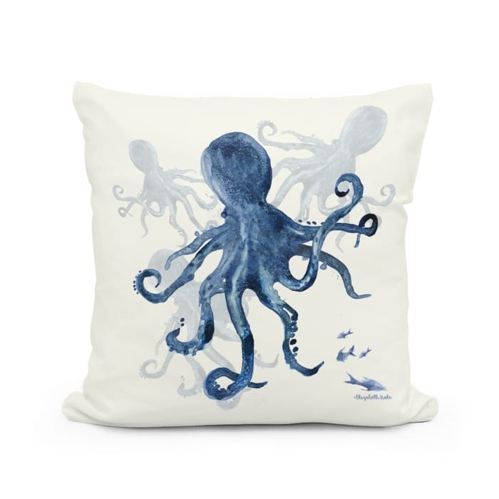 Multi colored outdoor pillow crafted by the artisans of Magnolia Casual called the Outdoor Pillow Indigo Octopus 18x18 featuring quality outdoor fabric shown against a clean backdrop featuring with a octopus motif.