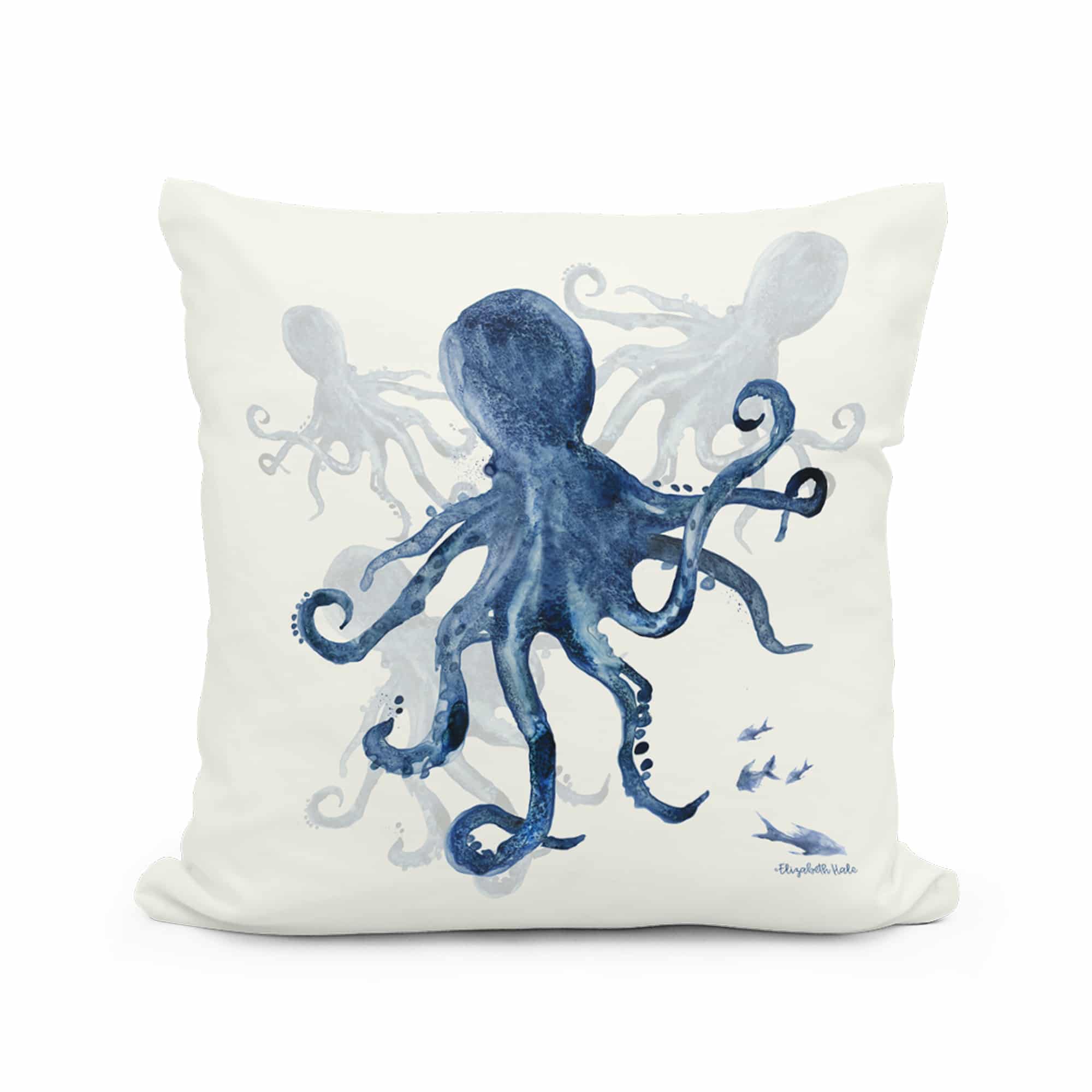 Multi colored outdoor pillow crafted by the artisans of Magnolia Casual called the Outdoor Pillow Indigo Octopus 18x18 featuring quality outdoor fabric shown against a clean backdrop featuring with a octopus motif.