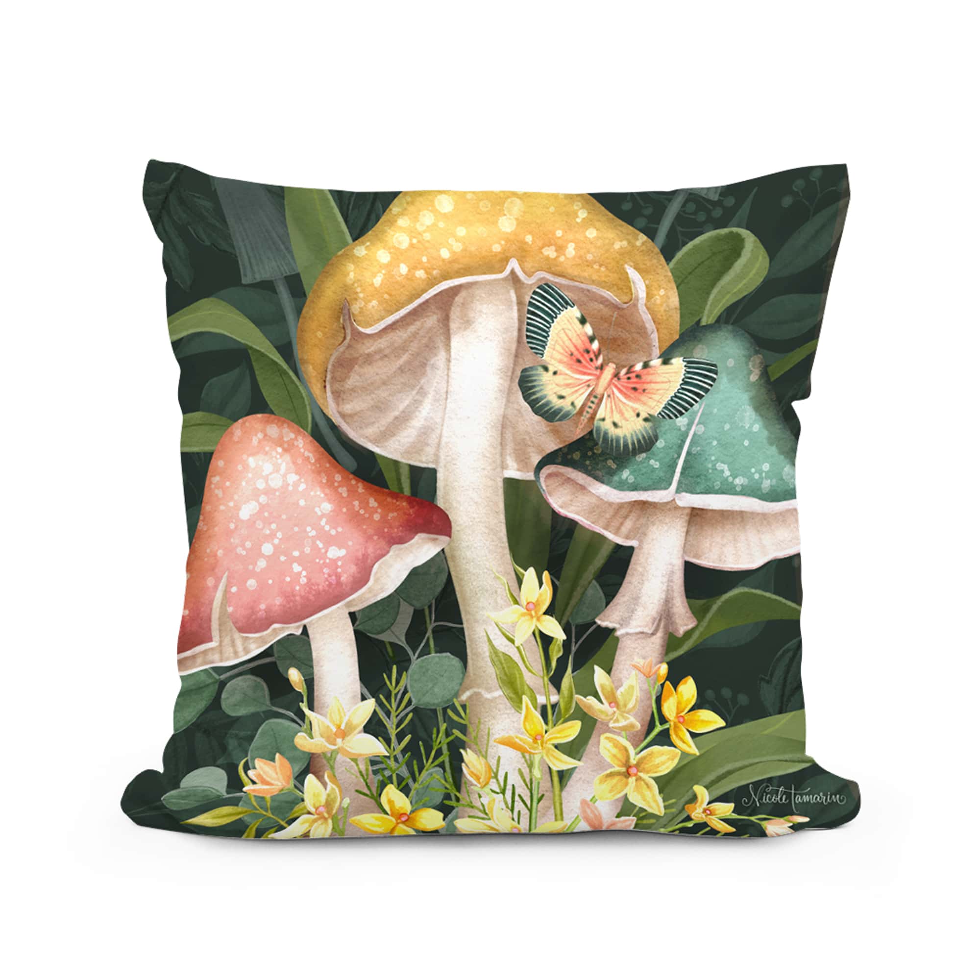 Multi colored outdoor pillow crafted by the artisans of Magnolia Casual called the Outdoor Pillow Mushroom Trio 18x18 featuring handwoven textile shown against a clean backdrop.