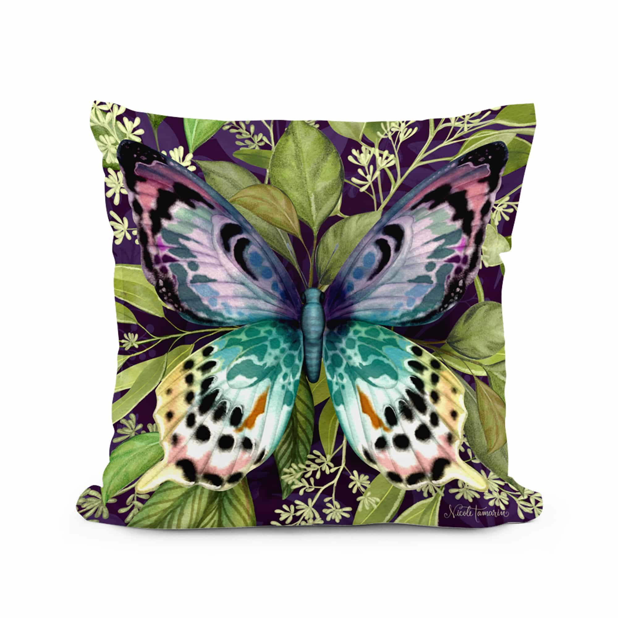 Multi colored outdoor pillow crafted by the artisans of Magnolia Casual called the Outdoor Pillow Mystic Butterfly 18x18 featuring quality outdoor fabric shown against a clean backdrop featuring with a butterfly motif.