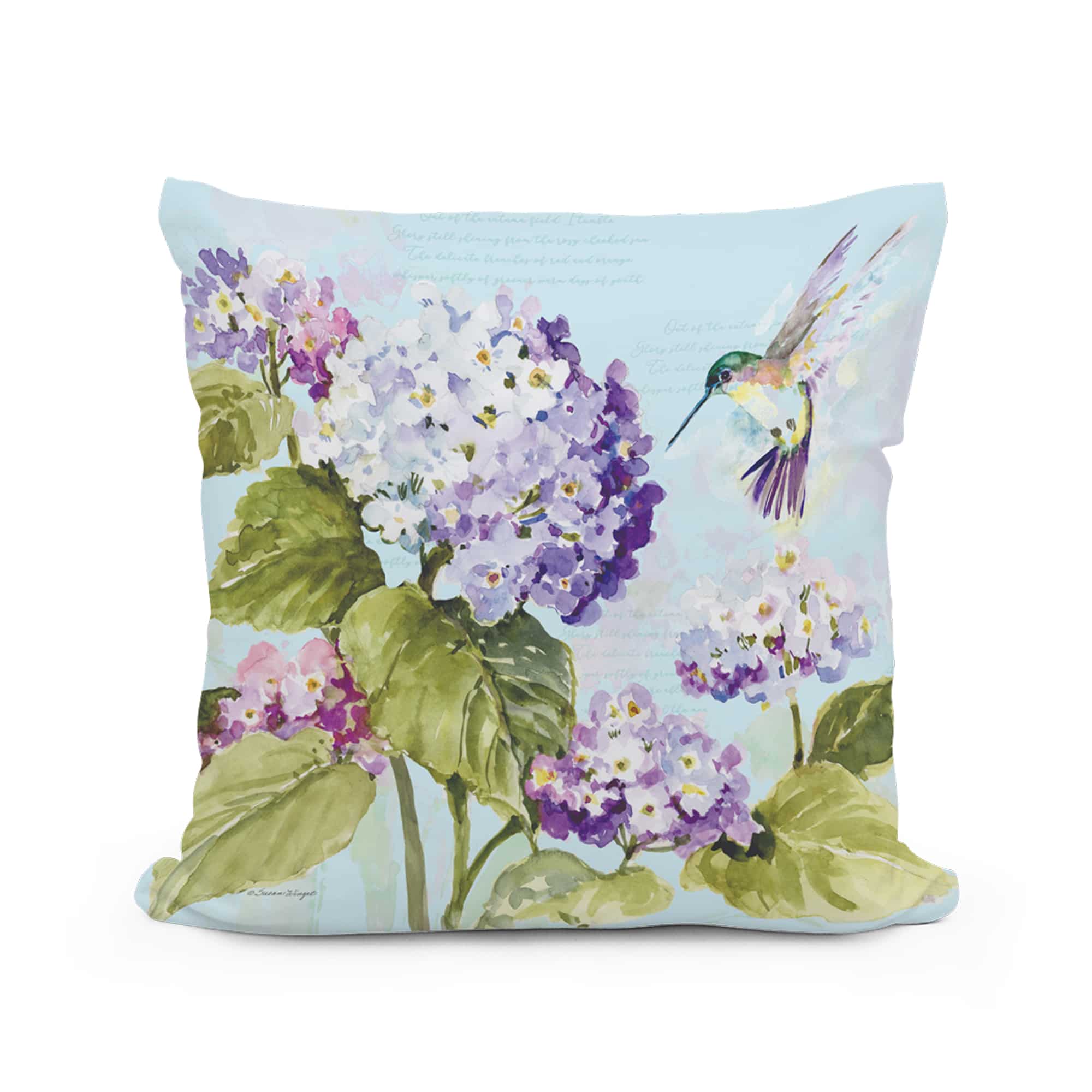 Multi colored outdoor pillow crafted by the artisans of Magnolia Casual called the Outdoor Pillow Hummingbird with Hydrangea 18x18 featuring handwoven textile shown against a clean backdrop featuring with a hummingbird motif.