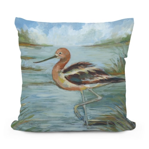 Multi colored outdoor pillow crafted by the artisans of Magnolia Casual called the Outdoor Pillow Avocet Bird in Water 18x18 featuring quality outdoor fabric, natural materials shown against a clean backdrop featuring with a bird motif.