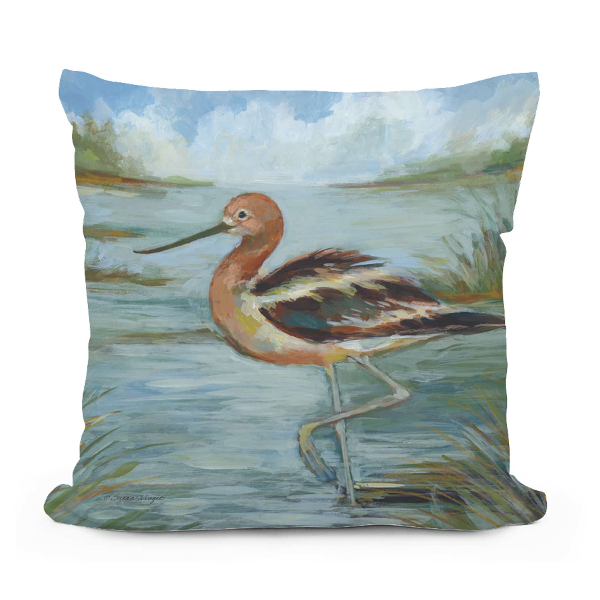 Multi colored outdoor pillow crafted by the artisans of Magnolia Casual called the Outdoor Pillow Avocet Bird in Water 18x18 featuring quality outdoor fabric, natural materials shown against a clean backdrop featuring with a bird motif.