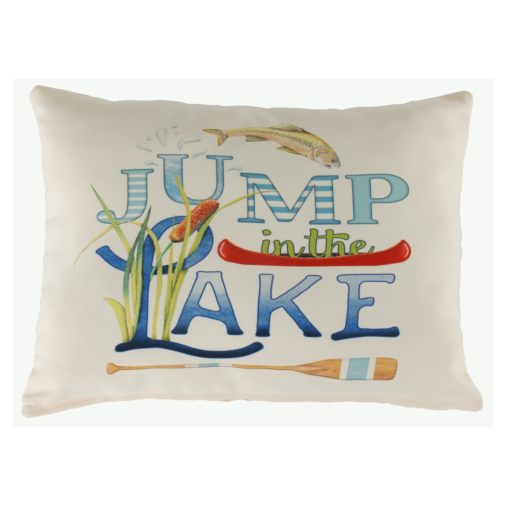 Multi colored outdoor pillow crafted by the artisans of Magnolia Casual called the Outdoor Pillow Jump in Lake 13x18 featuring quality outdoor fabric shown against a clean backdrop.