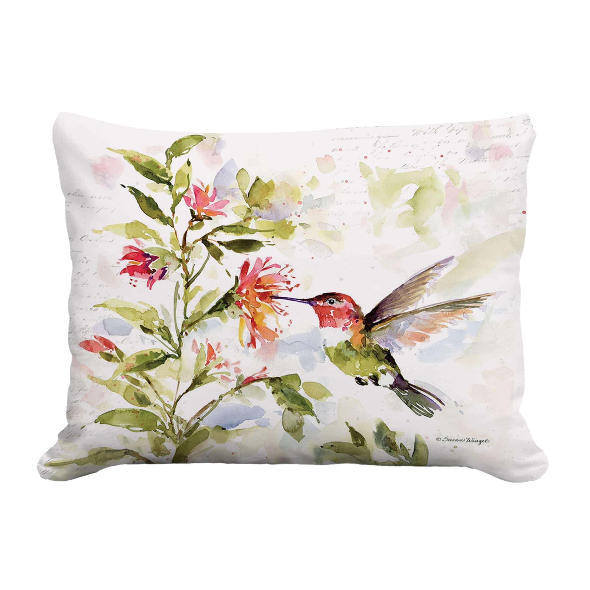 Multi colored outdoor pillow crafted by the artisans of Magnolia Casual called the Outdoor Pillow Hummer with Hanging Plant 2 13x18 featuring quality outdoor fabric shown against a clean backdrop.
