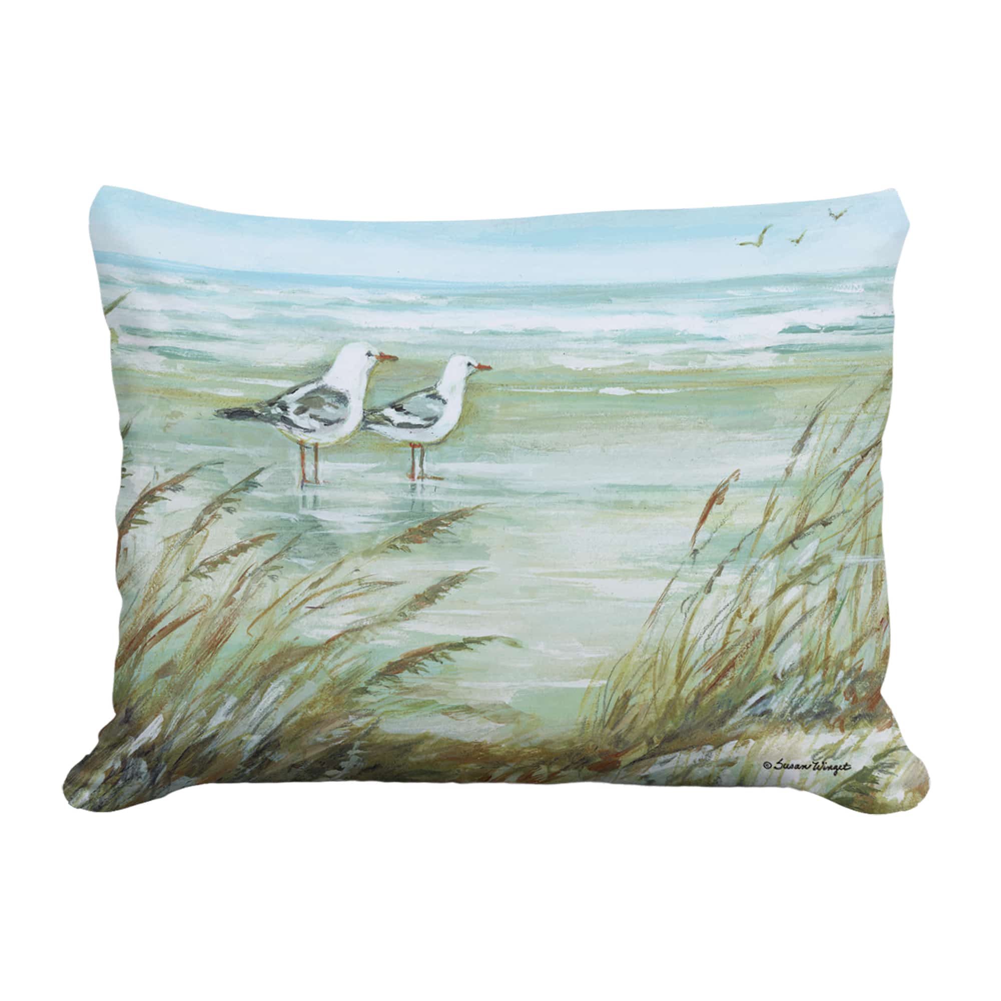 Multi colored outdoor pillow crafted by the artisans of Magnolia Casual called the Outdoor Pillow Seagulls on Beach 13x18 featuring quality outdoor fabric shown against a clean backdrop.