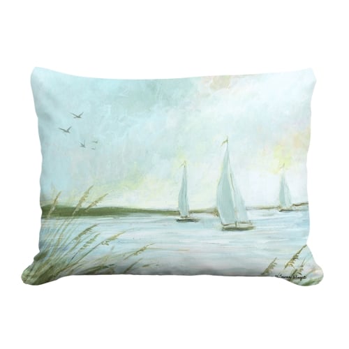 Multi colored outdoor pillow crafted by the artisans of Magnolia Casual called the Outdoor Pillow Sailboats 13x18 featuring quality outdoor fabric shown against a clean backdrop.