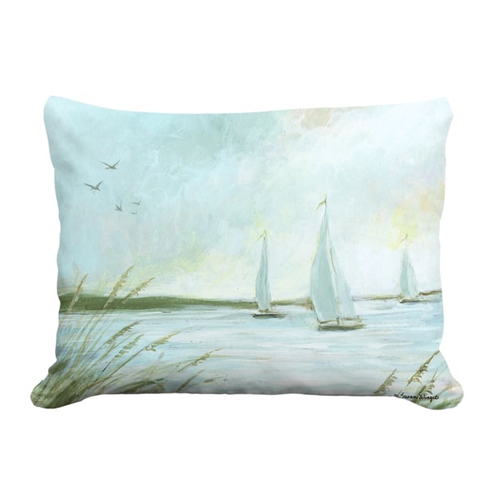 Multi colored outdoor pillow crafted by the artisans of Magnolia Casual called the Outdoor Pillow Sailboats 13x18 featuring quality outdoor fabric shown against a clean backdrop.