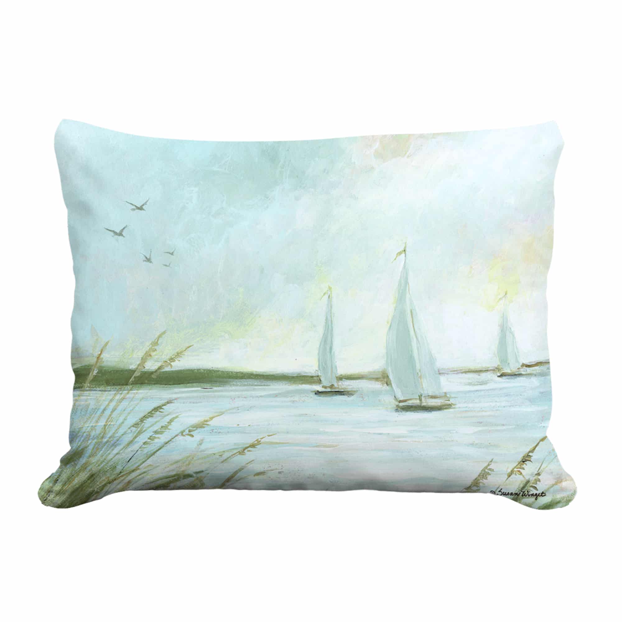 Multi colored outdoor pillow crafted by the artisans of Magnolia Casual called the Outdoor Pillow Sailboats 13x18 featuring quality outdoor fabric shown against a clean backdrop.