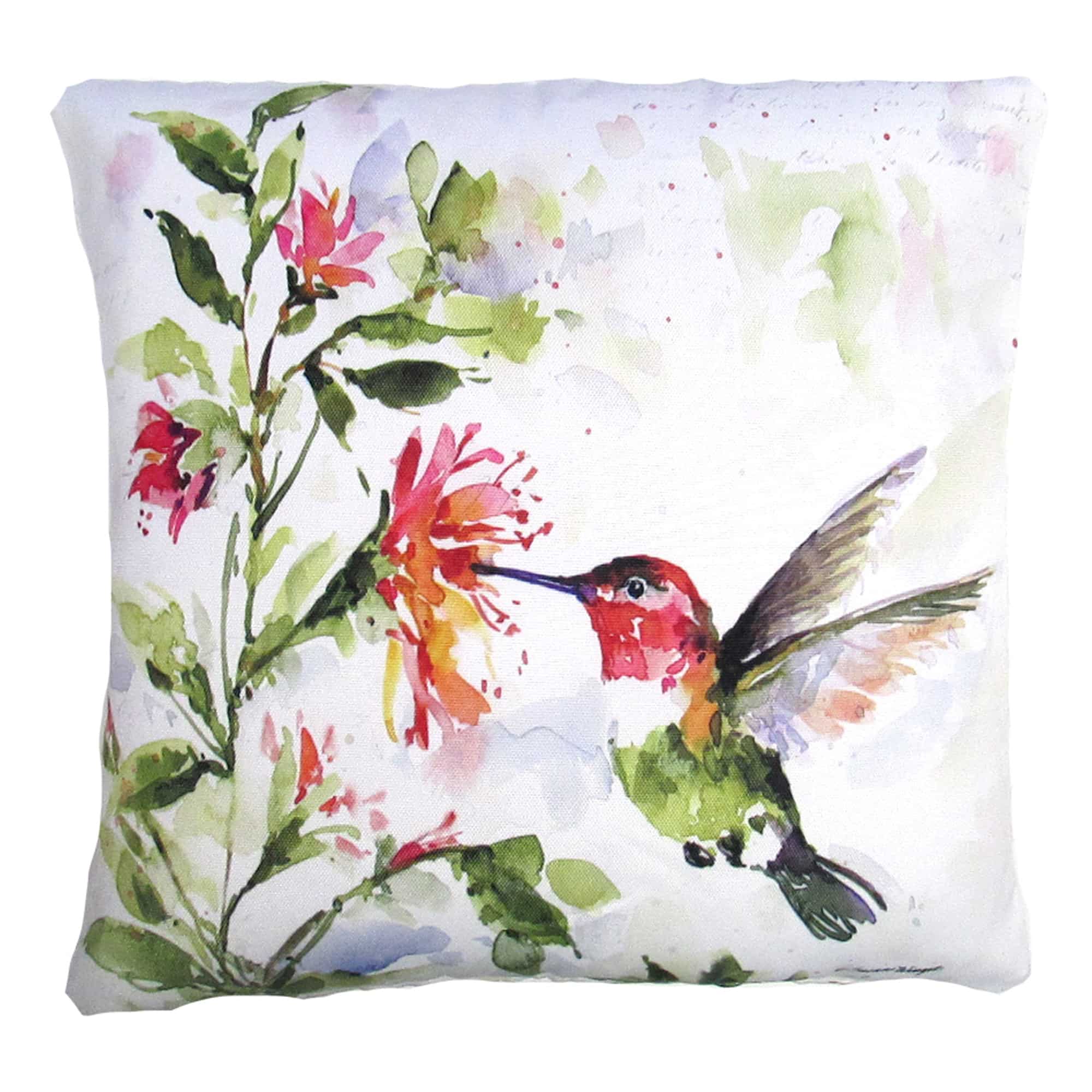 Multi colored outdoor pillow crafted by the artisans of Magnolia Casual called the Outdoor Pillow Hummer w/Hanging Plant 2 18x18 featuring quality outdoor fabric shown against a clean backdrop.