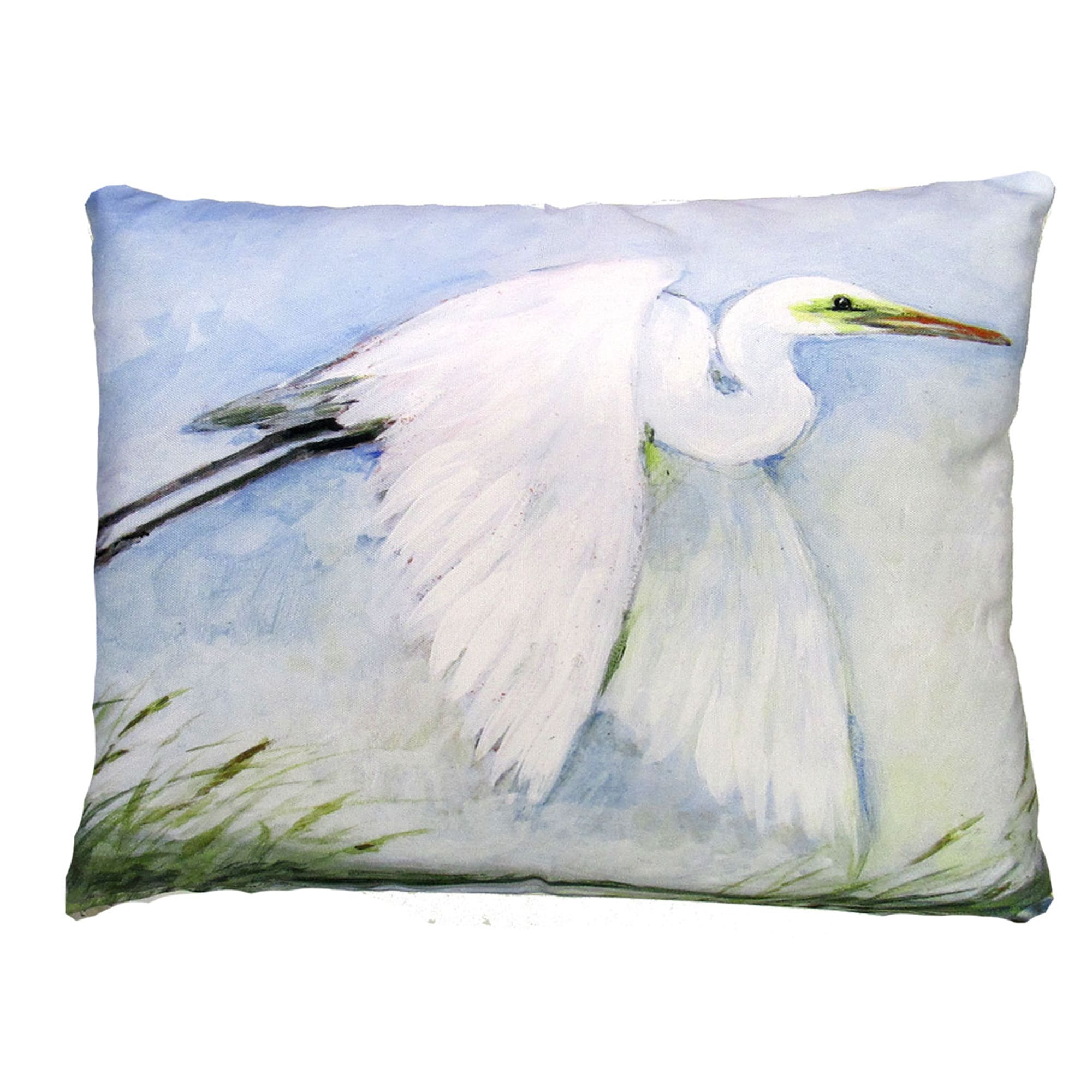 White outdoor pillow crafted by the artisans of Magnolia Casual called the Outdoor Pillow White Egret Flying 19x24 featuring quality outdoor fabric shown against a clean backdrop featuring shades of white.