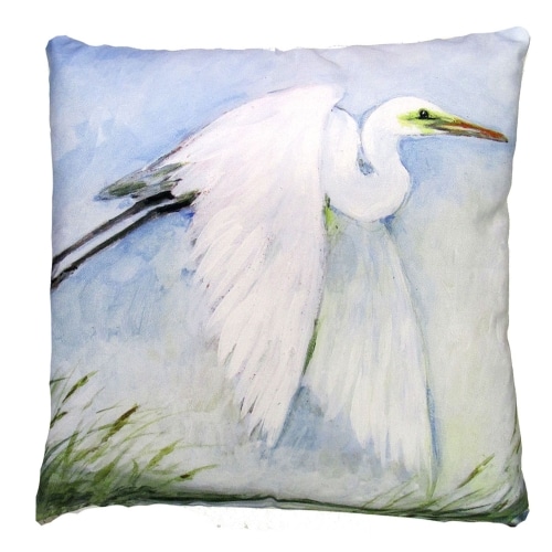 White outdoor pillow crafted by the artisans of Magnolia Casual called the Outdoor Pillow White Egret Flying 18x18 featuring quality outdoor fabric shown against a clean backdrop featuring shades of white.
