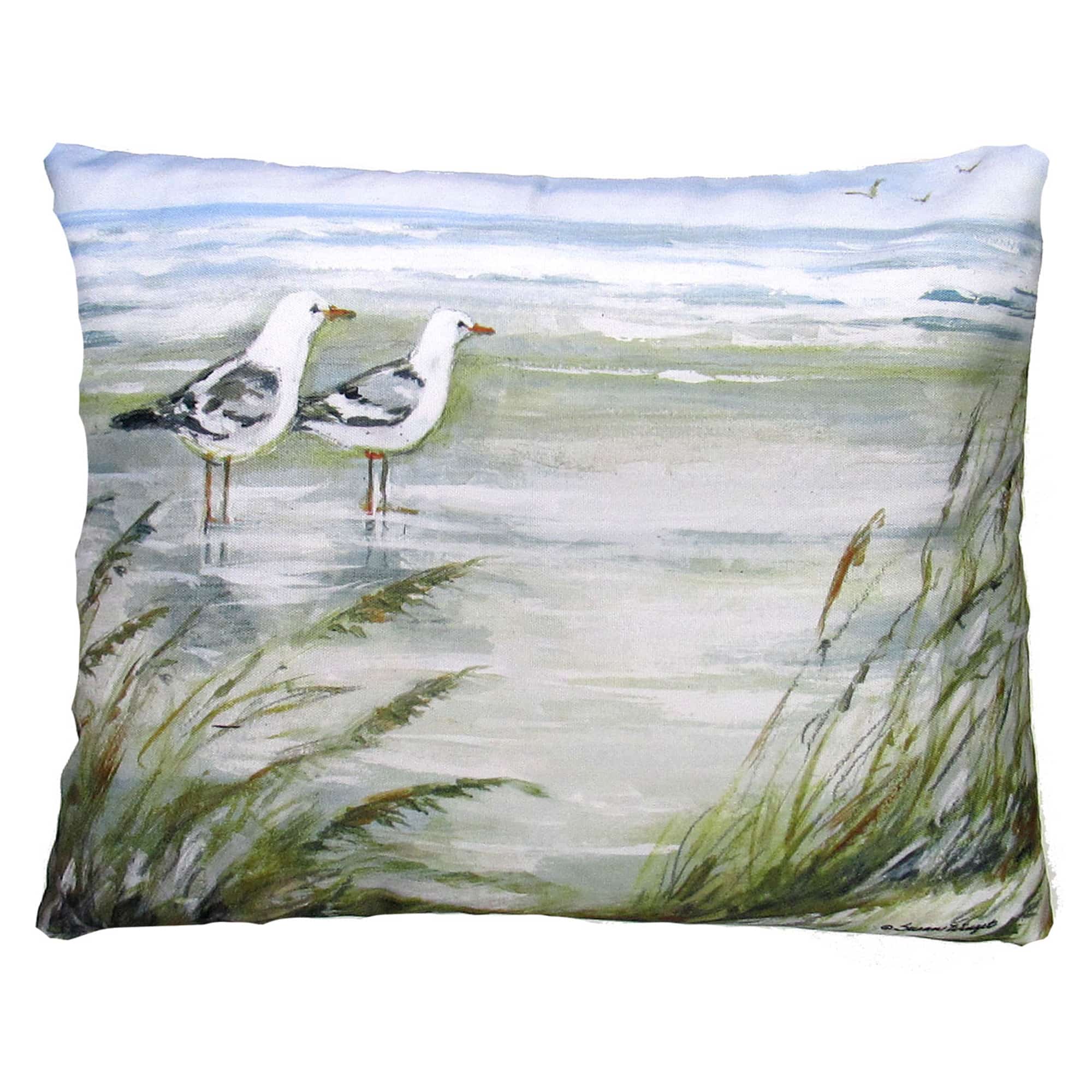 Multi colored outdoor pillow crafted by the artisans of Magnolia Casual called the Outdoor Pillow Seagulls on Beach 19x24 featuring quality outdoor fabric shown against a clean backdrop.