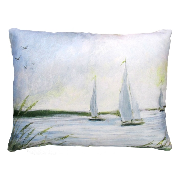 Multi colored outdoor pillow crafted by the artisans of Magnolia Casual called the Outdoor Pillow Sailboats 19x24 featuring quality outdoor fabric shown against a clean backdrop.