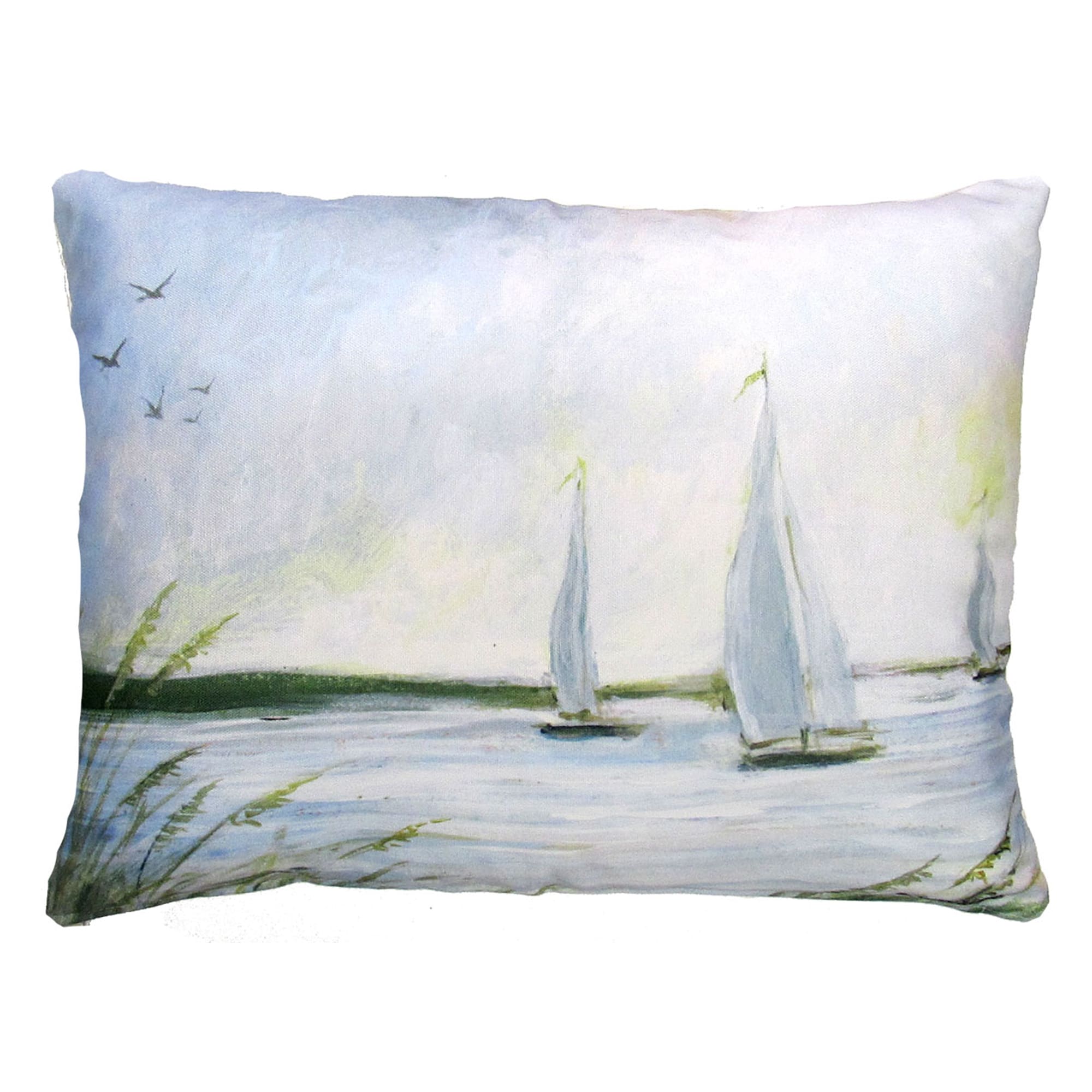 Multi colored outdoor pillow crafted by the artisans of Magnolia Casual called the Outdoor Pillow Sailboats 19x24 featuring quality outdoor fabric shown against a clean backdrop.