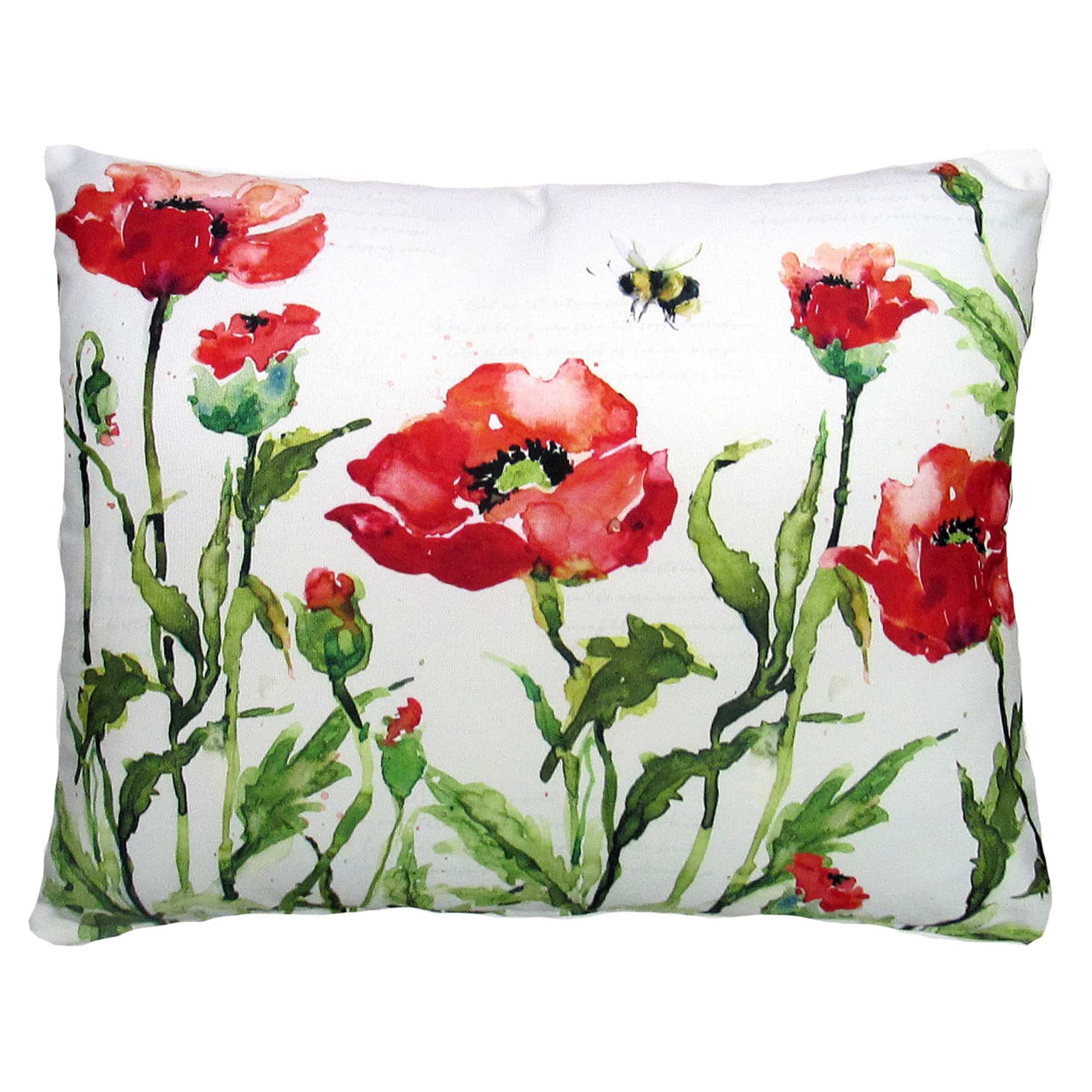 Multi colored outdoor pillow crafted by the artisans of Magnolia Casual called the Outdoor Pillow Poppies and Bee 19x24 featuring handwoven textile shown against a clean backdrop featuring with a bee motif.