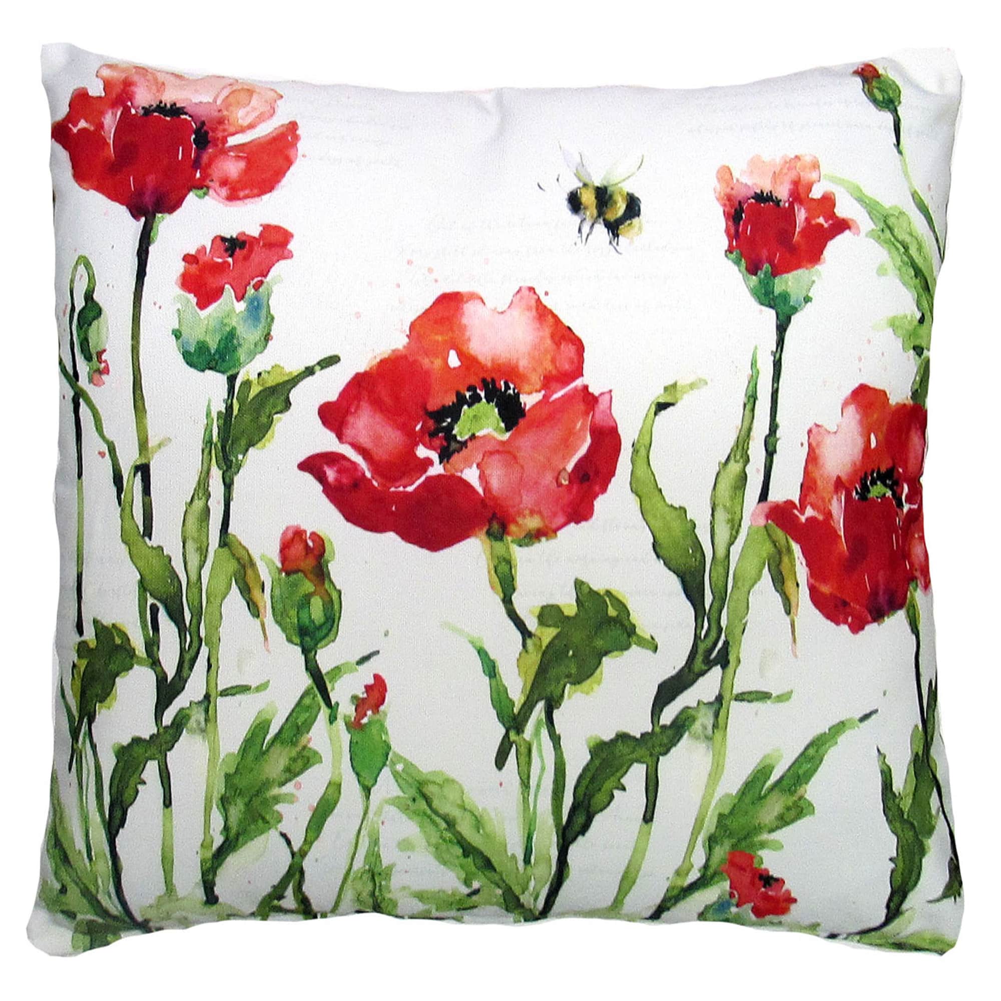 Multi colored outdoor pillow crafted by the artisans of Magnolia Casual called the Outdoor Pillow Poppies and Bee 18x18 featuring handwoven textile shown against a clean backdrop featuring with a bee motif.