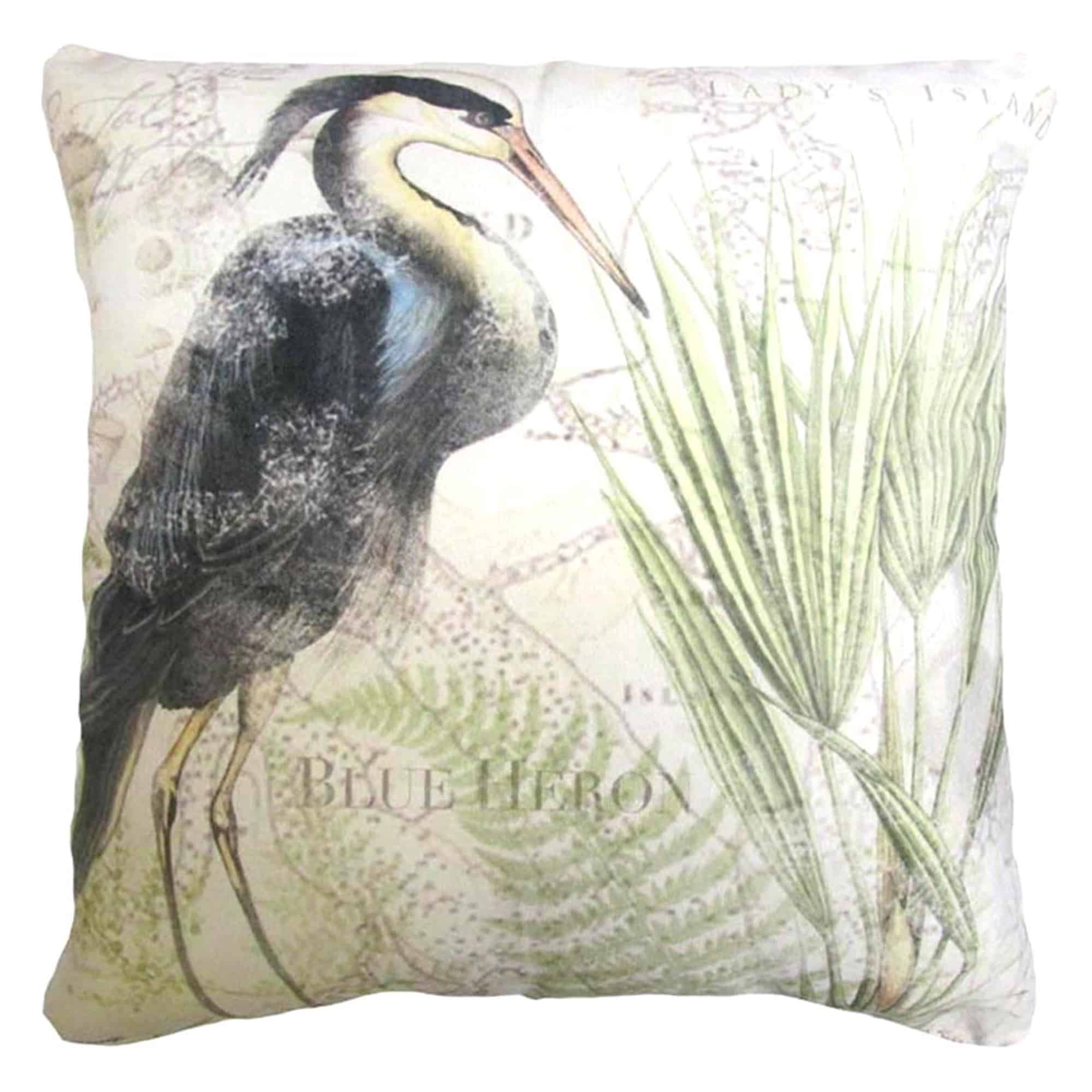 Multi colored outdoor pillow crafted by the artisans of Magnolia Casual called the Outdoor Pillow Great Heron 1 18x18 featuring quality outdoor fabric, natural materials shown against a clean backdrop.