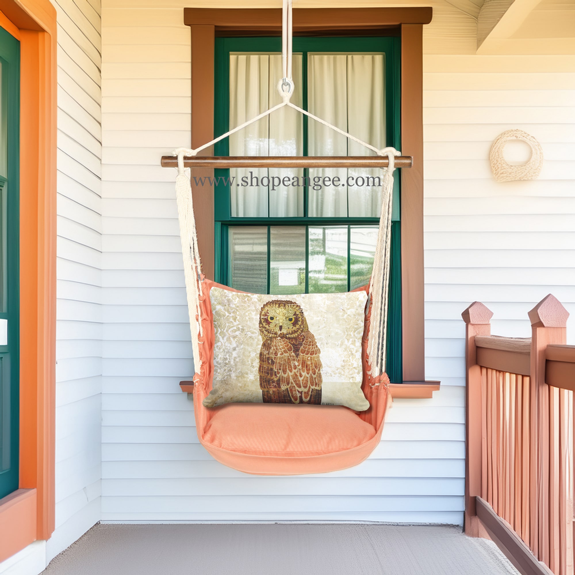 In a sunlit patio lounge a multi colored outdoor swing crafted by the artisans of Magnolia Casual called the Swing Set 4 piece Living Coral w/ Owl Portrait is displayed featuring 100 percent weather resistant fabric, weather resistant polyester fabric, handcrafted adding comfort and style to the space featuring with a coral motif and shades of coral.