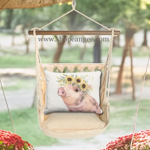 In a shaded porch swing a multi colored outdoor swing crafted by the artisans of Magnolia Casual called the Swing Set 4 piece Magnolia Stripe w/ Pig with Sunflowers is displayed featuring 100 percent weather resistant fabric, weather resistant polyester fabric, handcrafted adding comfort and style to the space featuring with a magnolia motif.